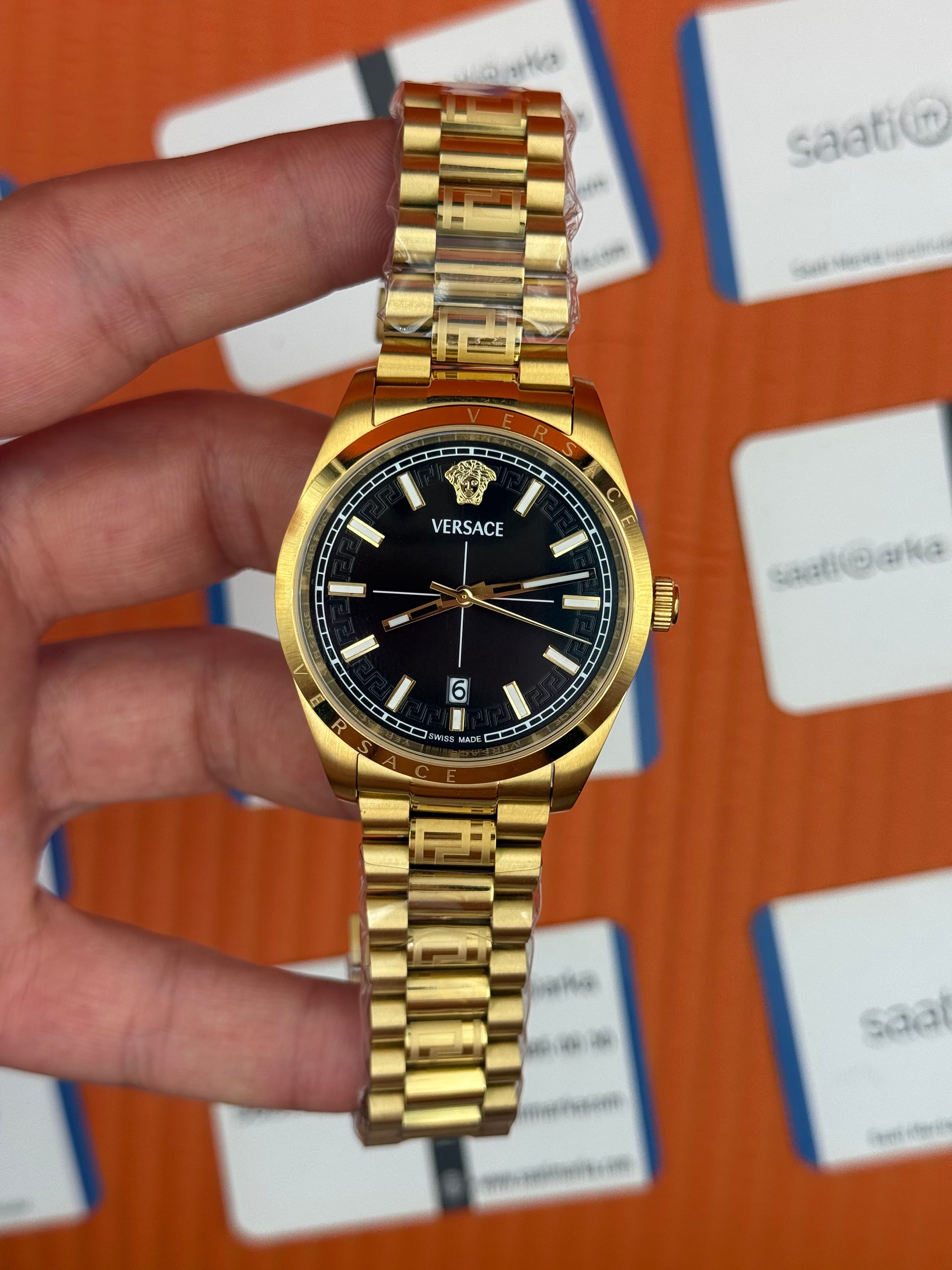 VERSACE 40mm siyah kadran gold kasa kordon erkek kol saati