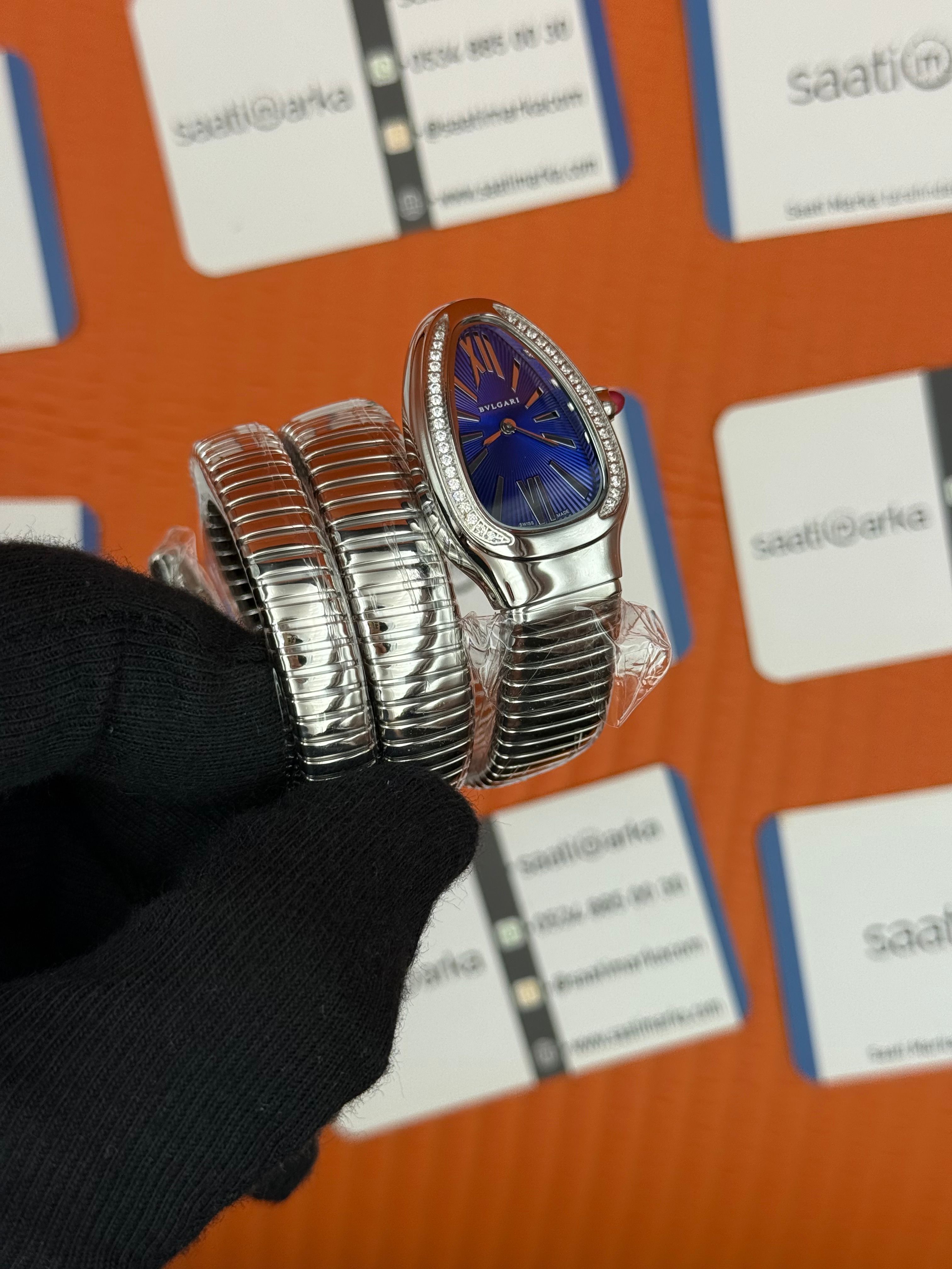 BVLGARİ serpenti çift sarma silver kordon taşlı bezel mavi kadran kadın kol saati