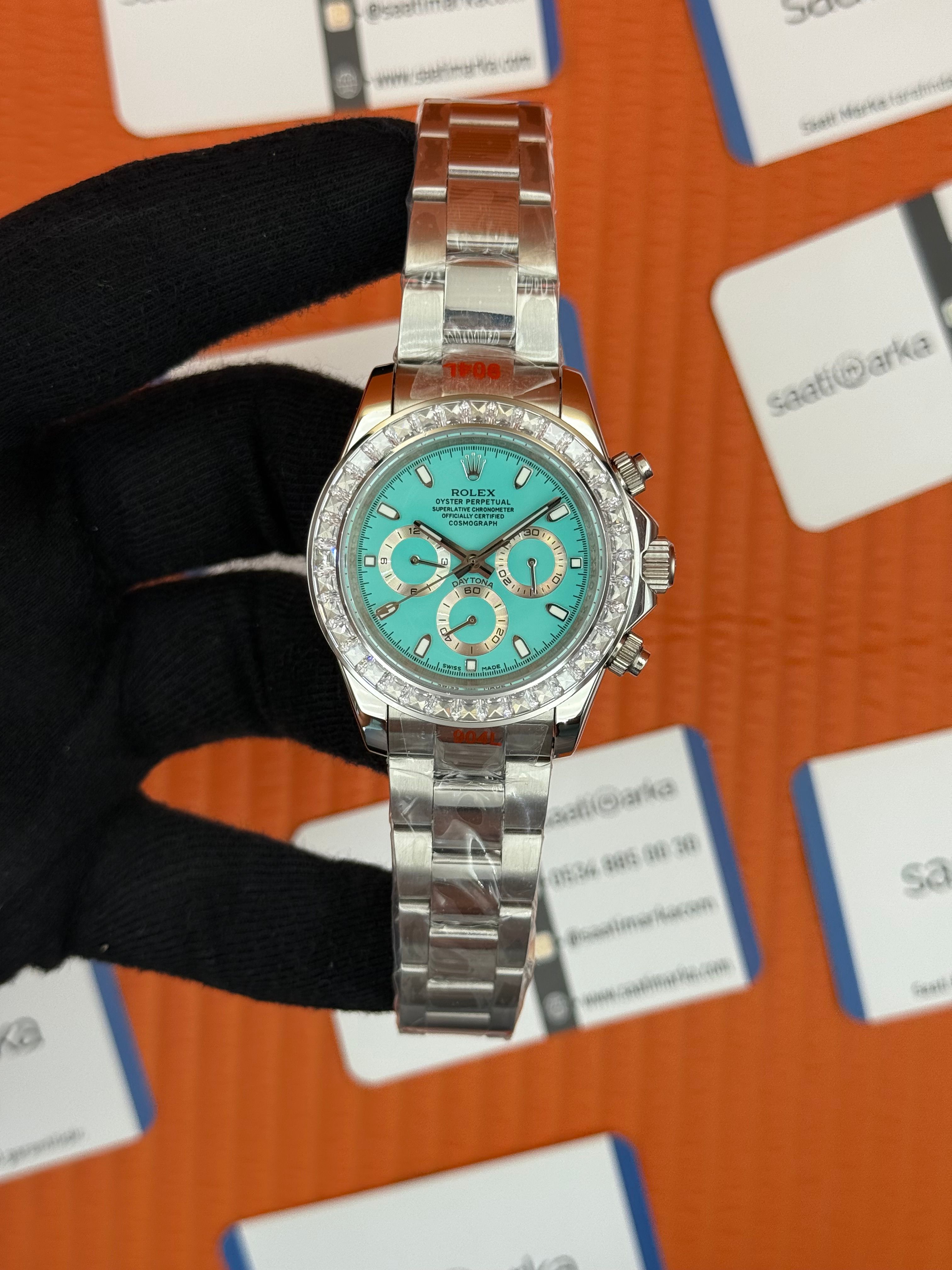 ROLEX Daytona taşlı bezel turguoise dial silver kasa-kordon