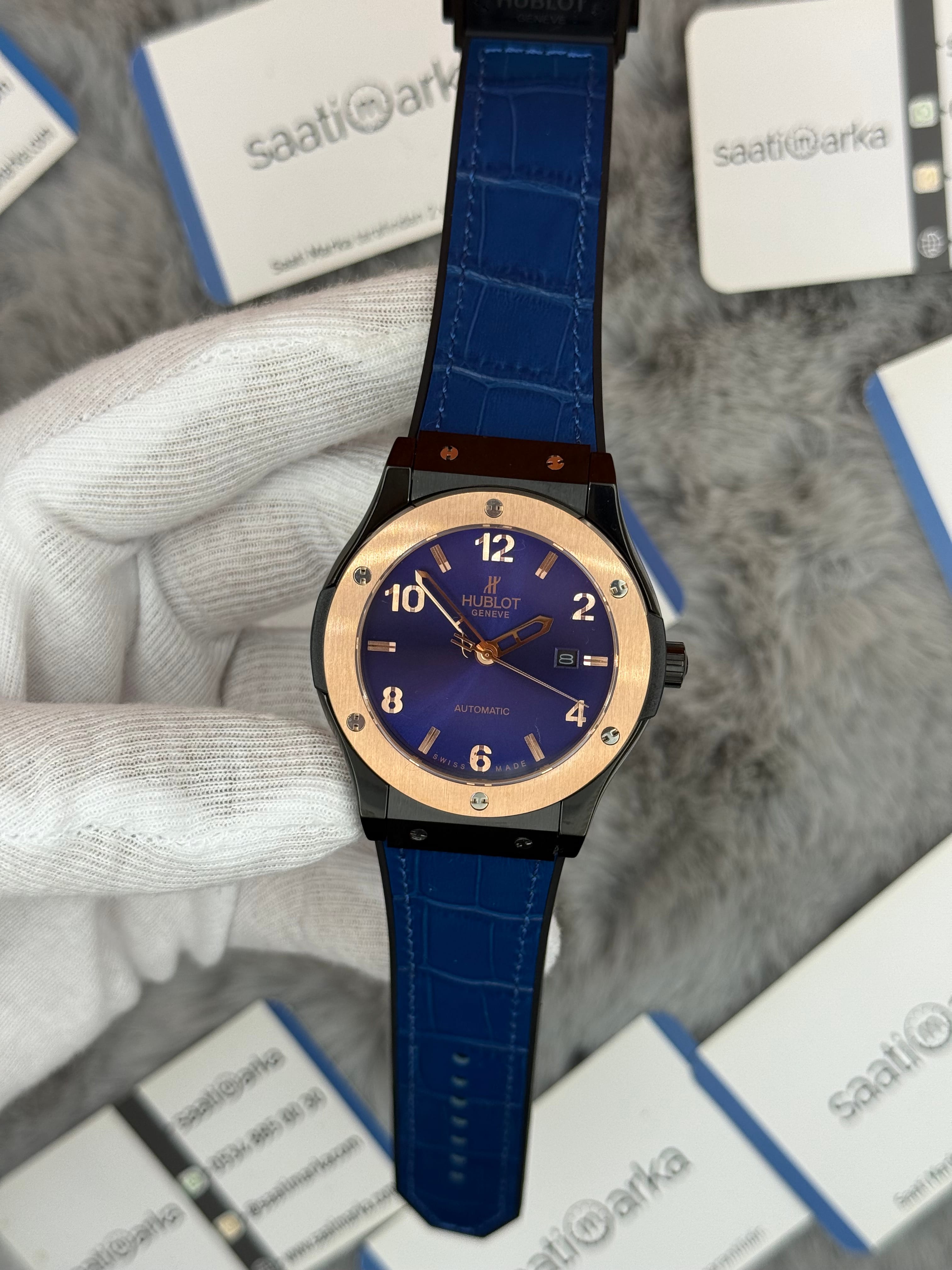 HUBLOT vendome 41mm siyah kasa lacivert kadran lacivert deri kordon erkek kol saati