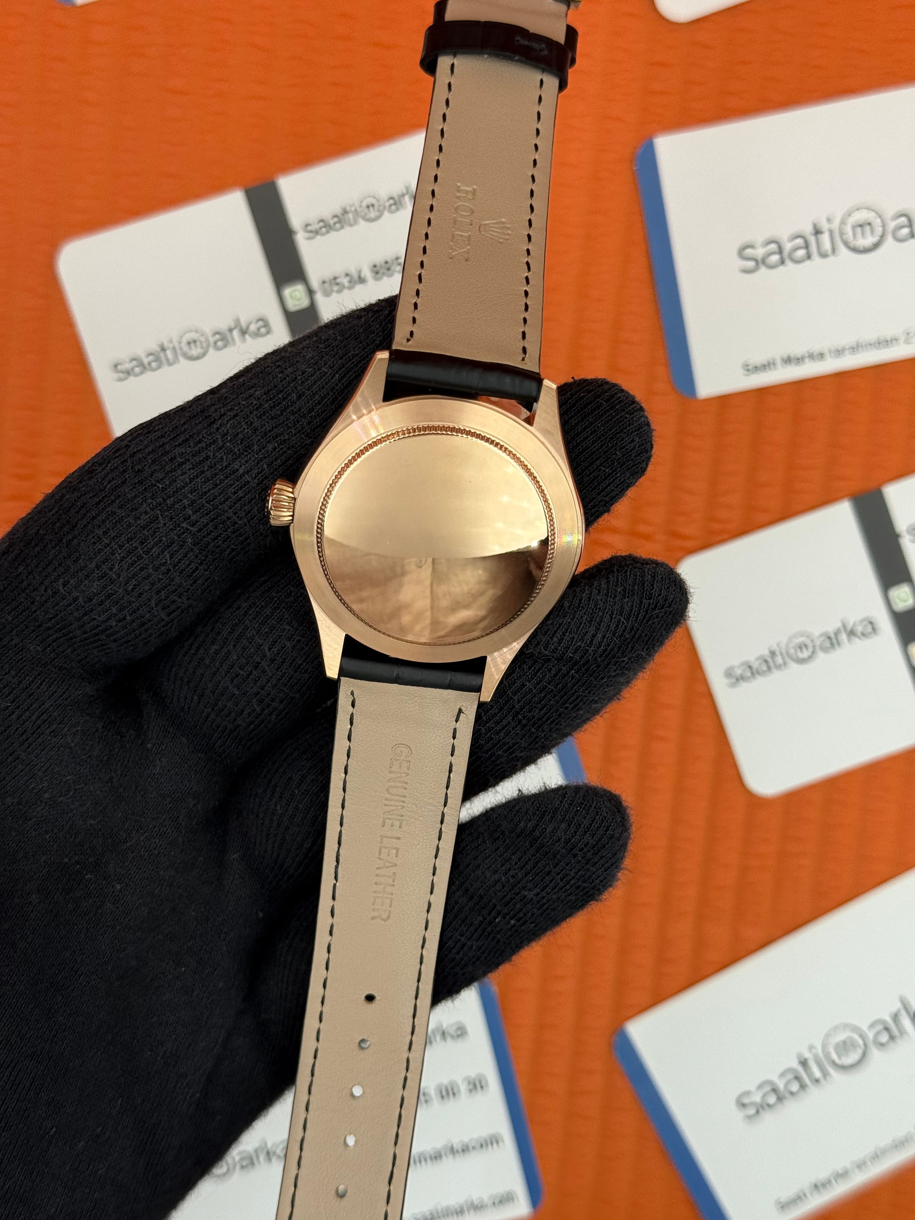 ROLEX Cellini rose kasa siyah kadran siyah deri kordon