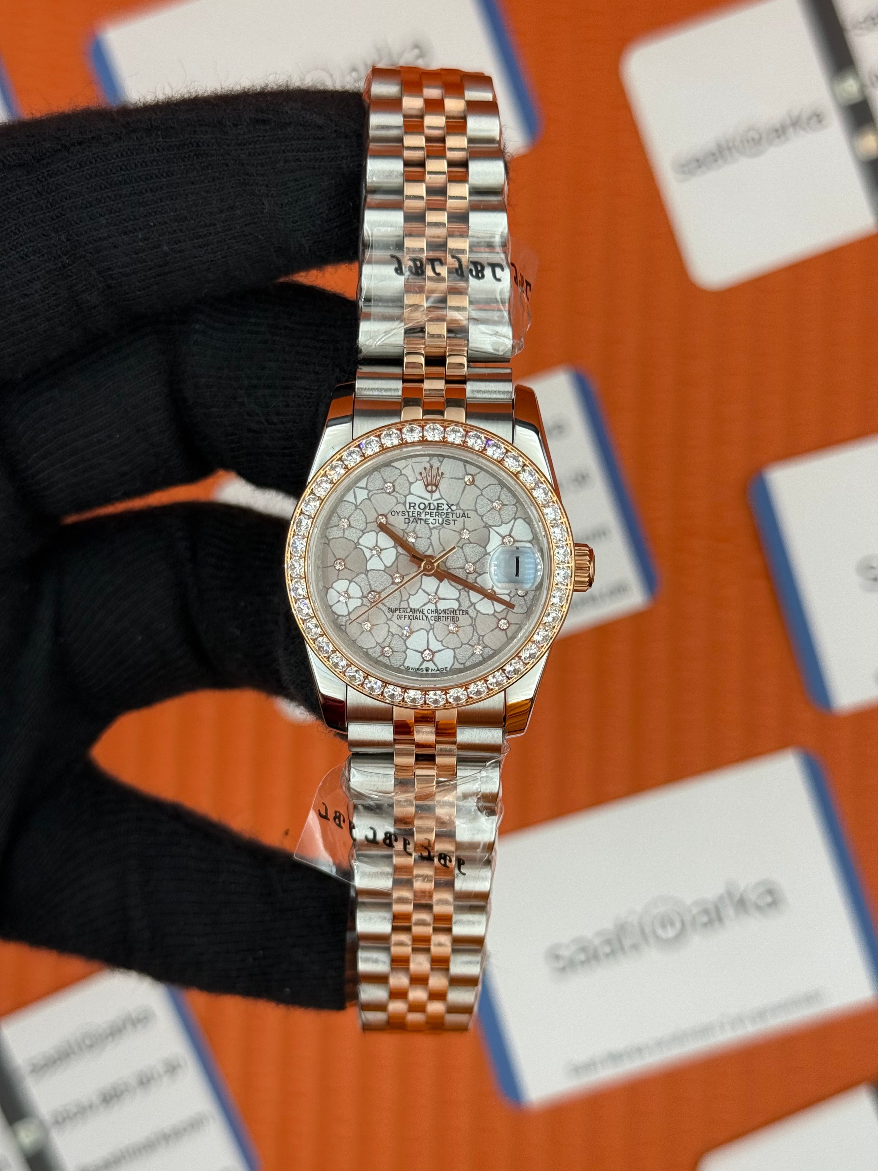 ROLEX datejust 31mm çiçekli kadran rose silver jubilee kordon taşlı bezel 