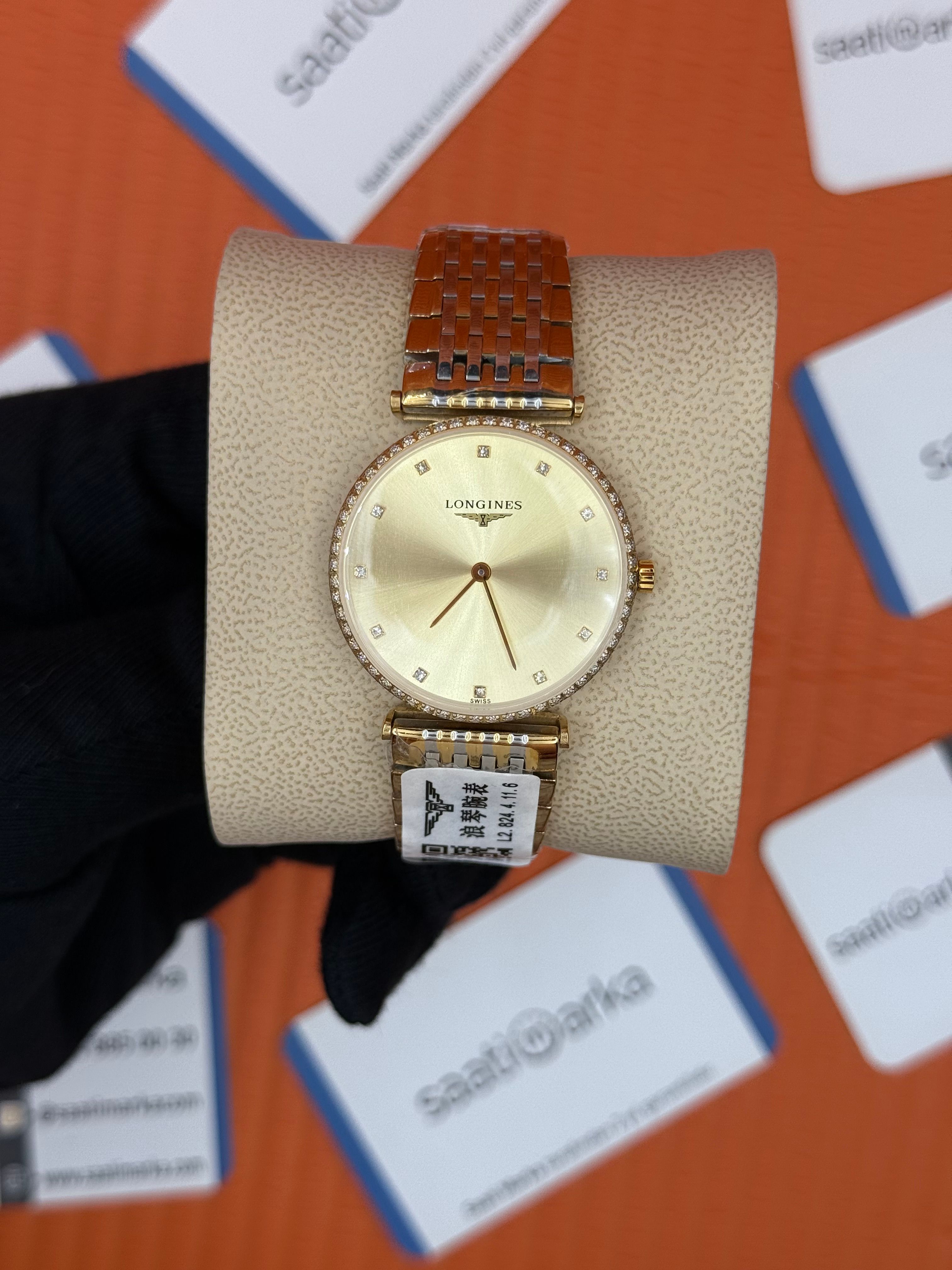 LONGINE şampanya baget taşlı kadran taşlı bezel gold silver kordon kadın kol saati 