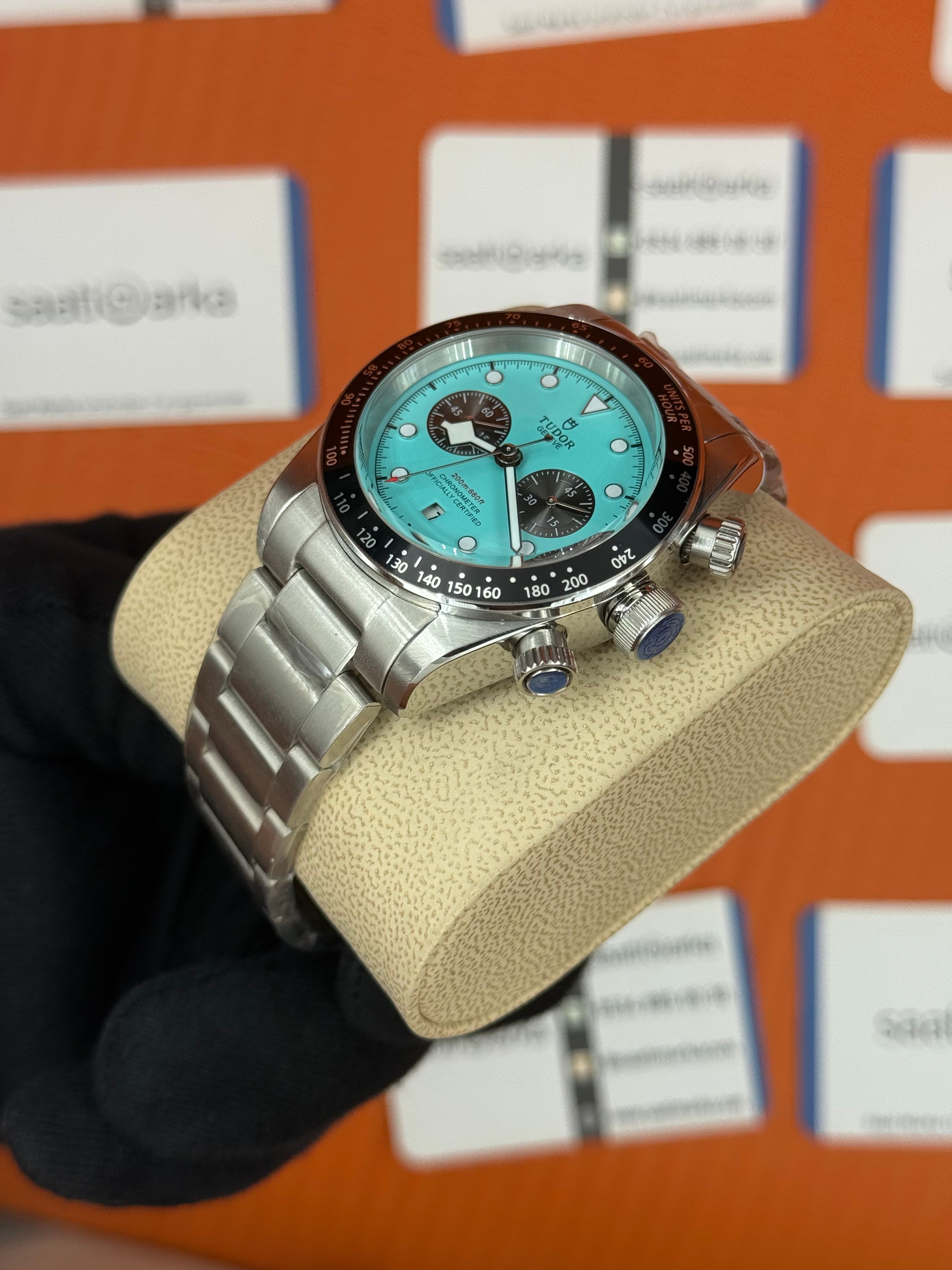 TUDOR black bey  flamingo blue turkuaz kadran silver kordon 41mm erkek kol saati