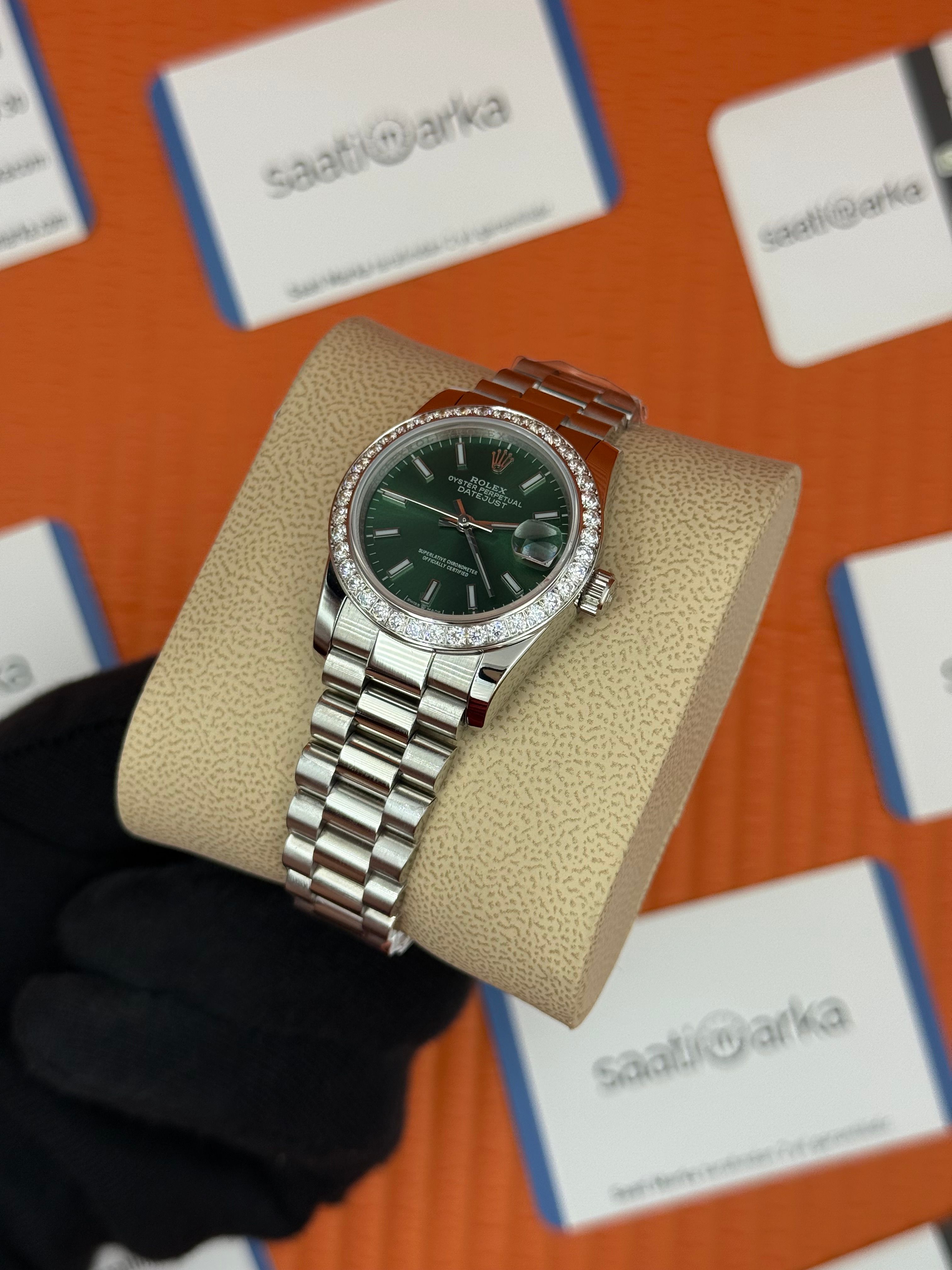ROLEX datejust 31mm yeşil kadran silver president kordon taşlı bezel 