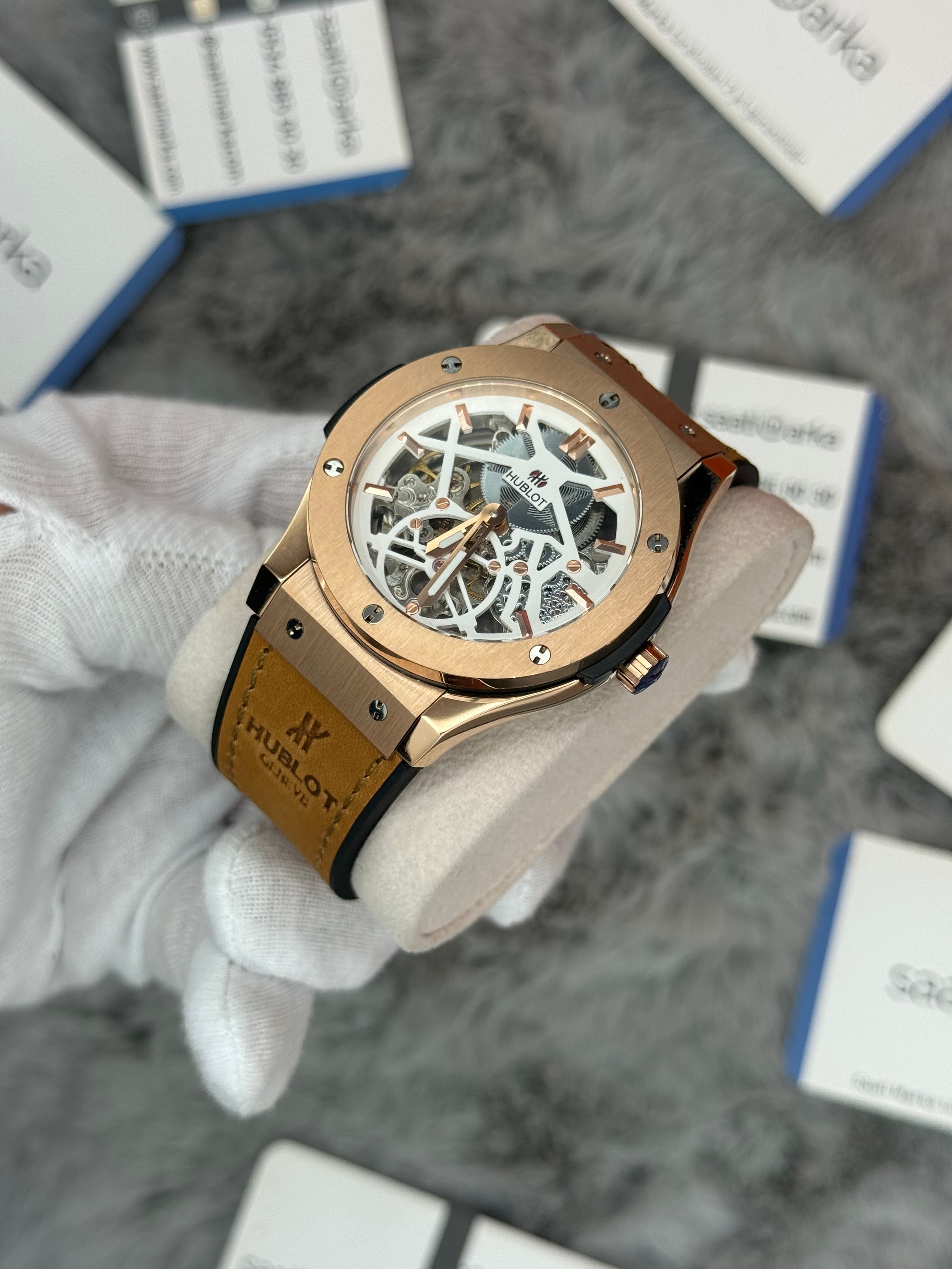 HUBLOT big bang tourbillon 41mm rose kasa kahverengi deri kordon erkek kol saati