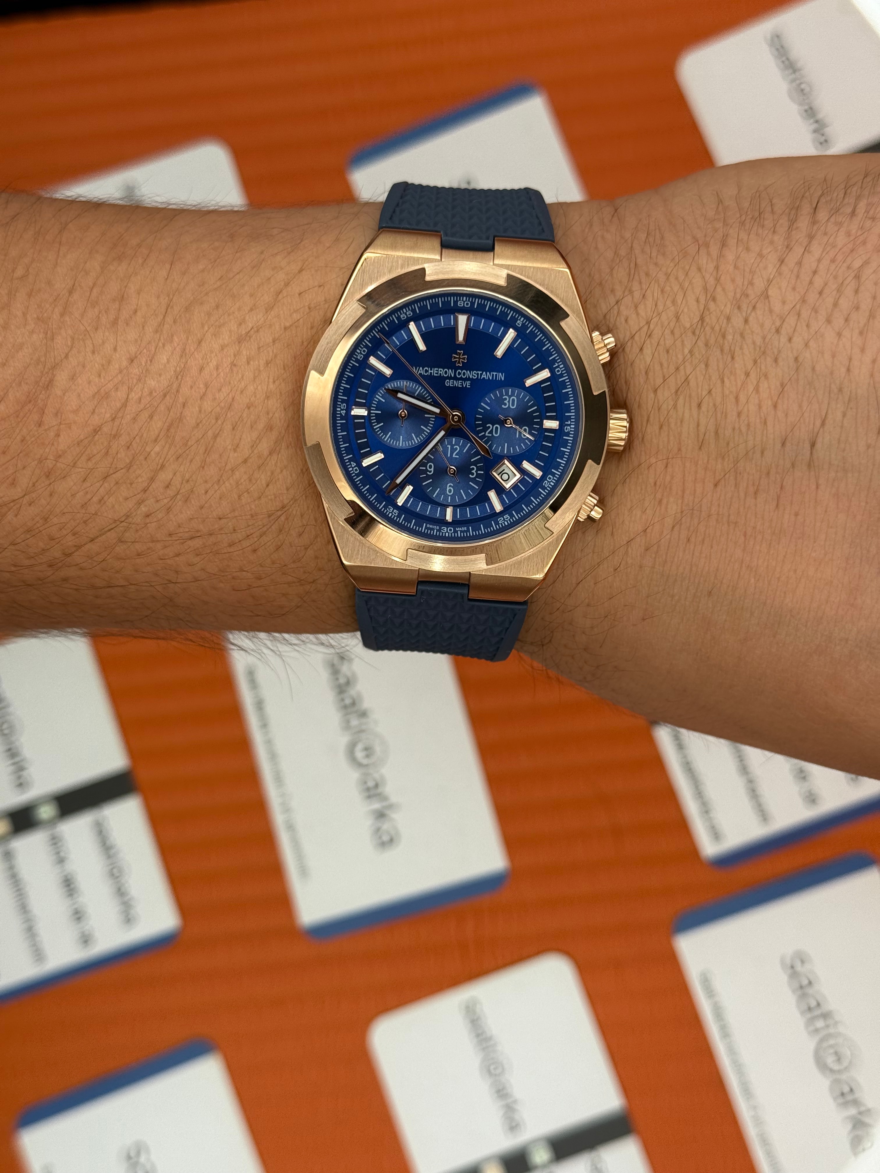 VACHERON CONSTANTIN overseas chronograph mavi kadran rose kasa mavi kauçuk kordon erkek kol saati