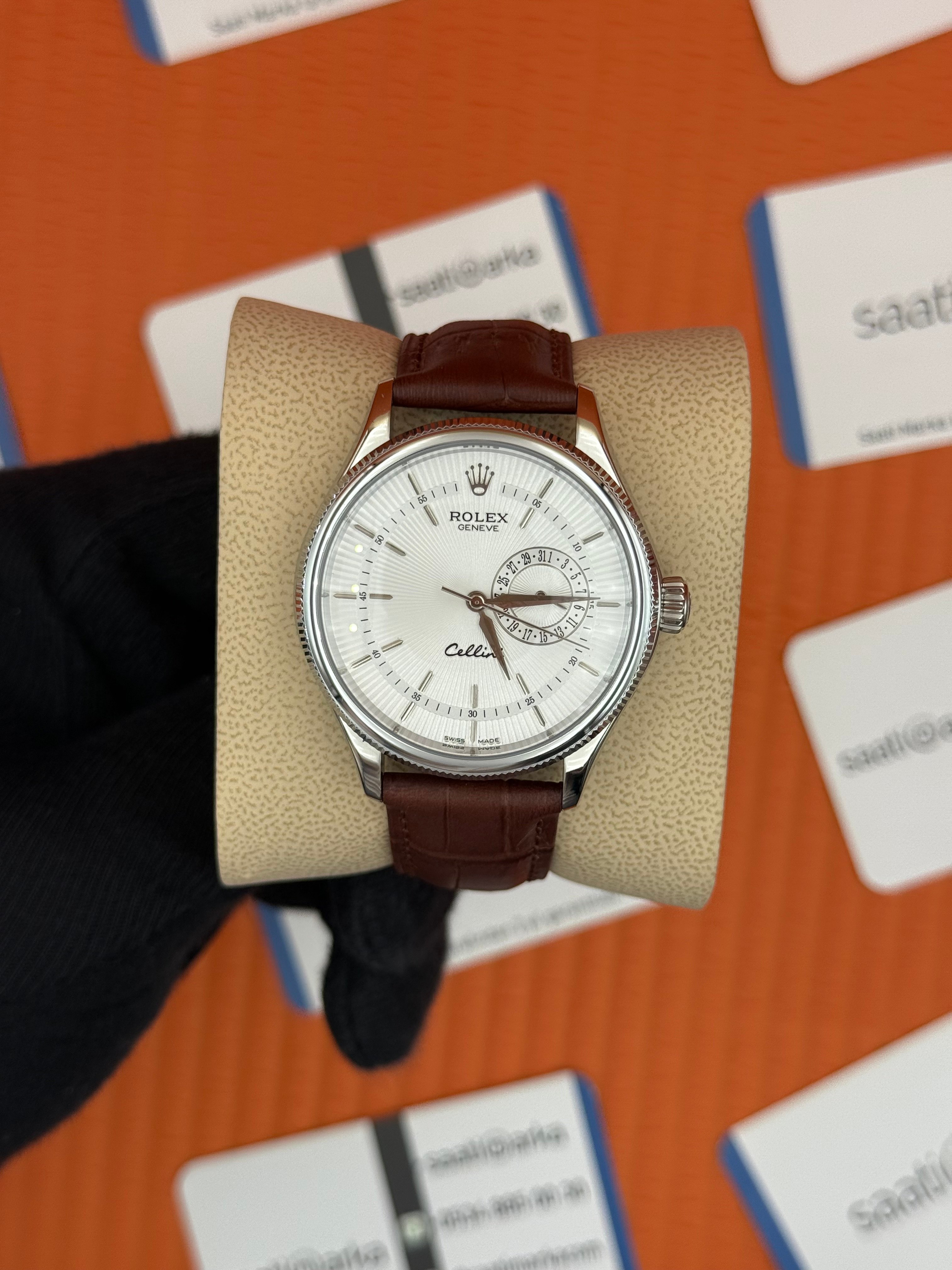 ROLEX Cellini silver kasa beyaz kadran kahverengi deri kordon