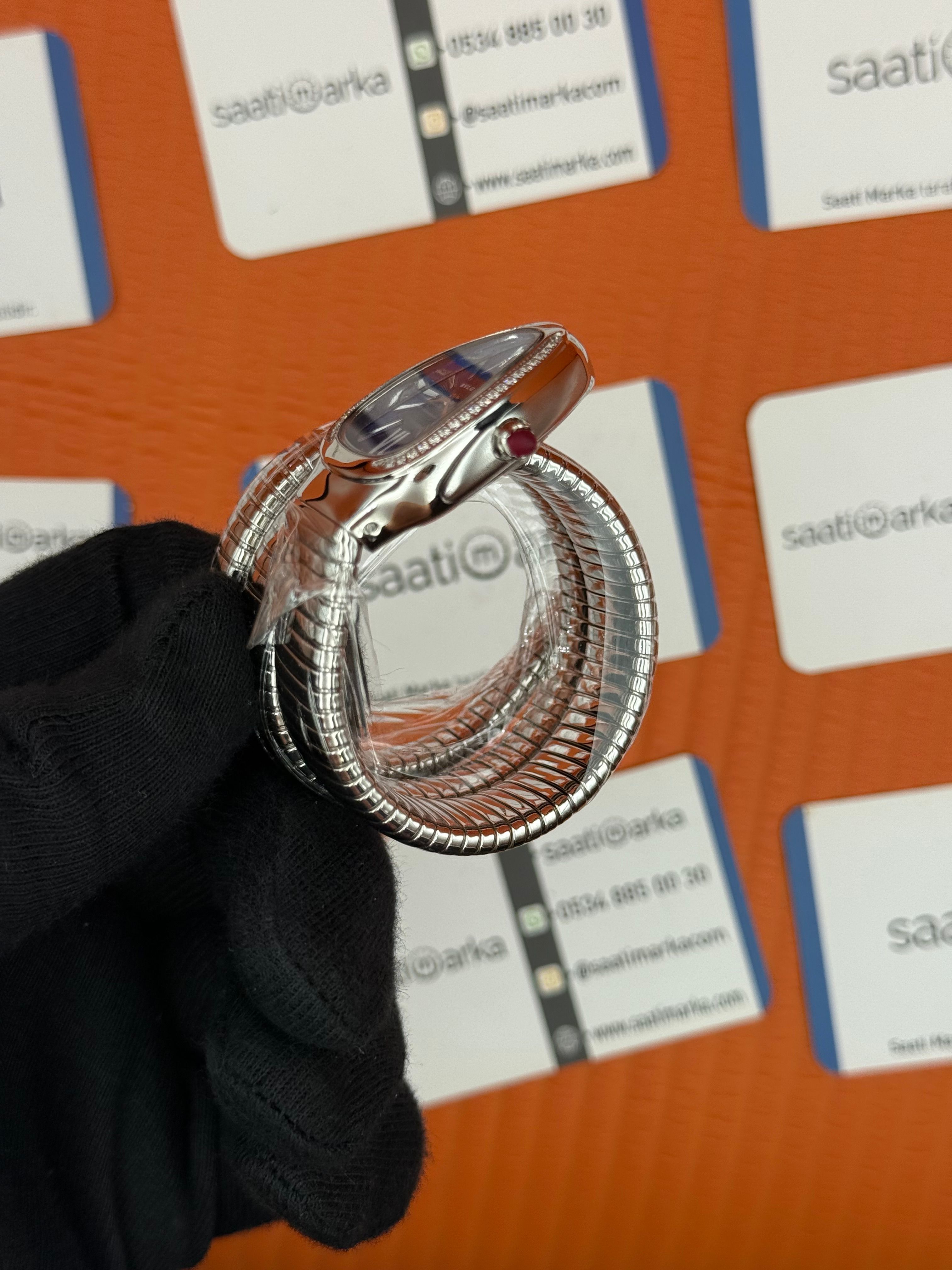 BVLGARİ serpenti çift sarma silver kordon taşlı bezel mavi kadran kadın kol saati