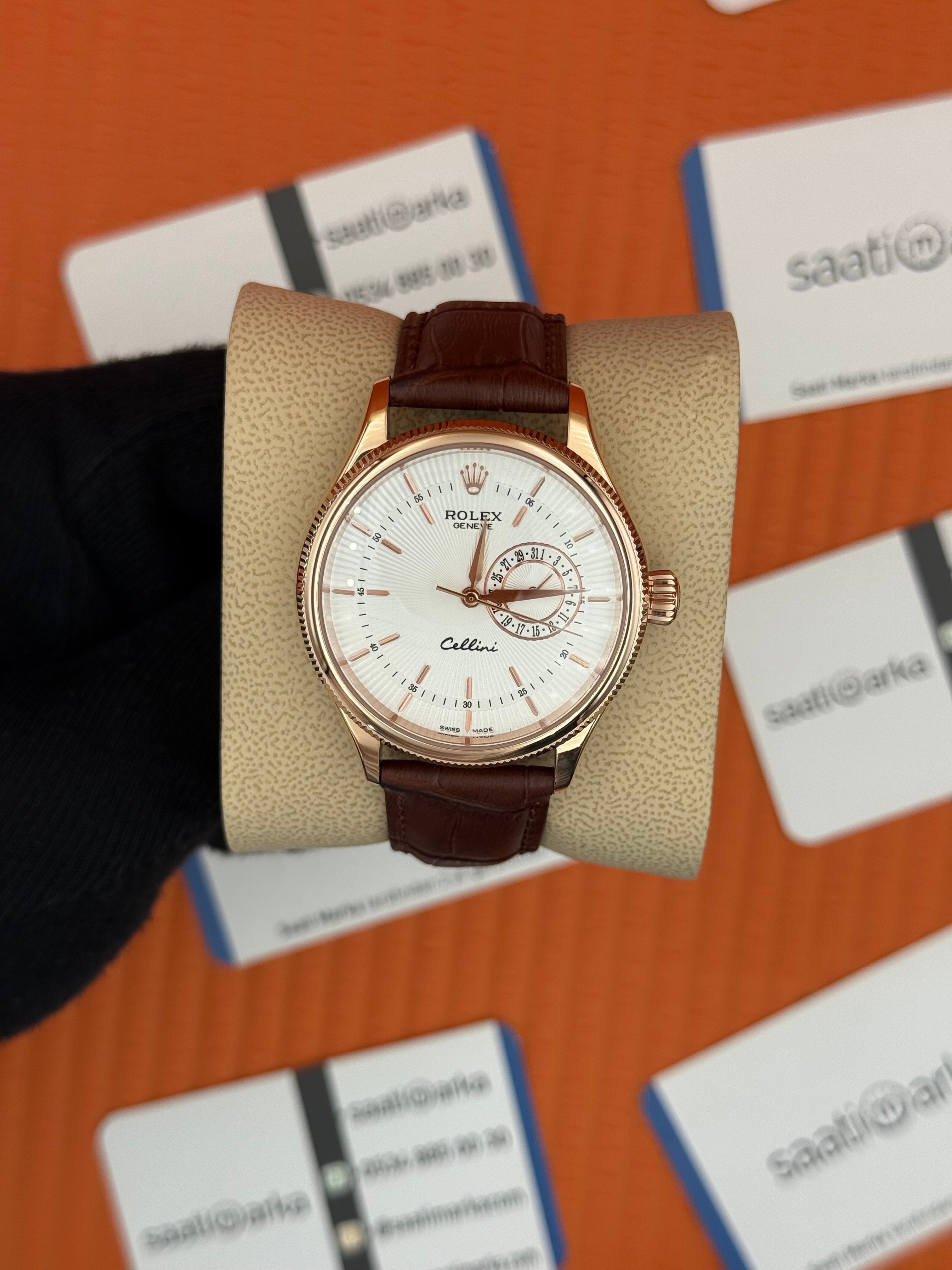ROLEX Cellini rose kasa beyaz kadran kahverengi deri kordon
