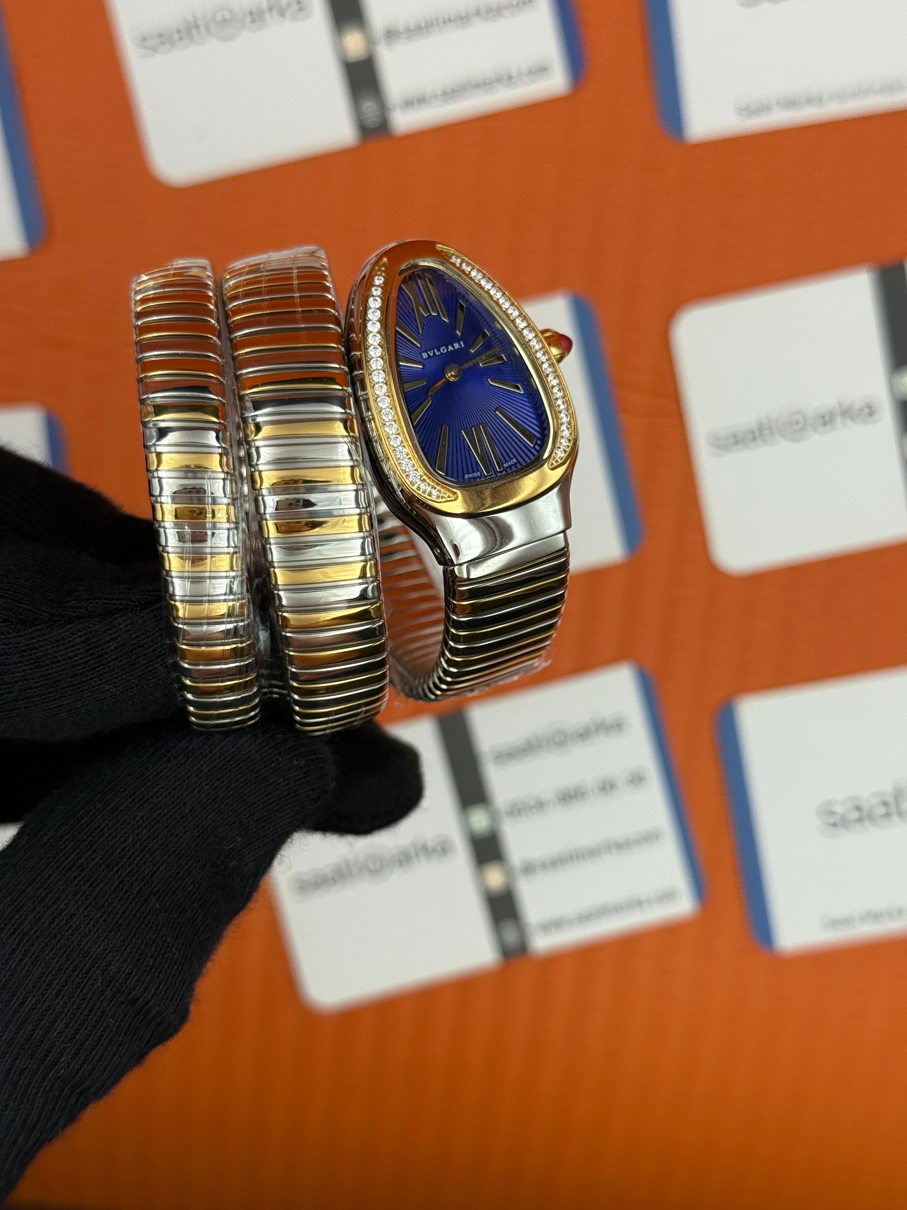 BVLGARİ serpenti çift sarma gold silver kordon taşlı bezel mavi kadran kadın kol saati