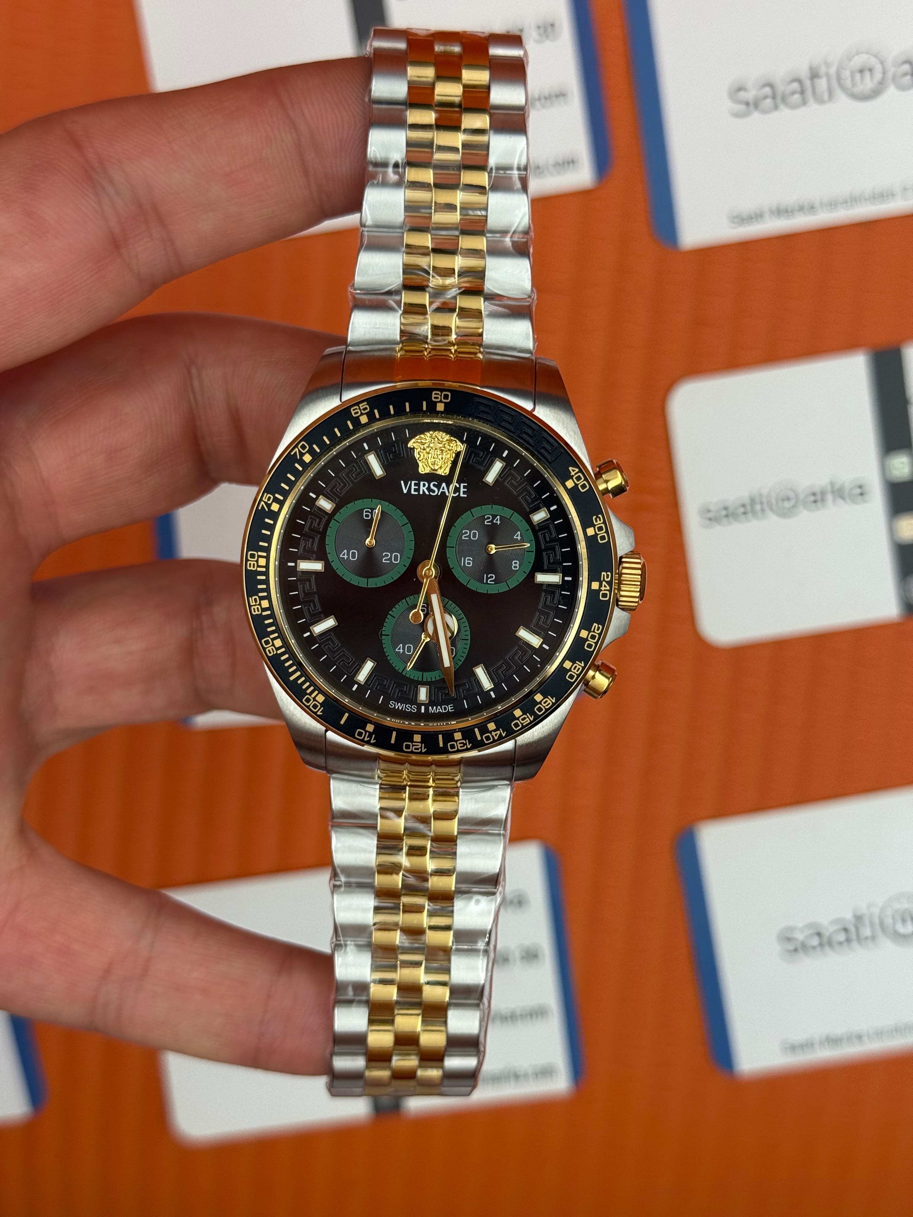 VERSACE siyah kadran gold silver kasa kordon jubilee erkek kol saati