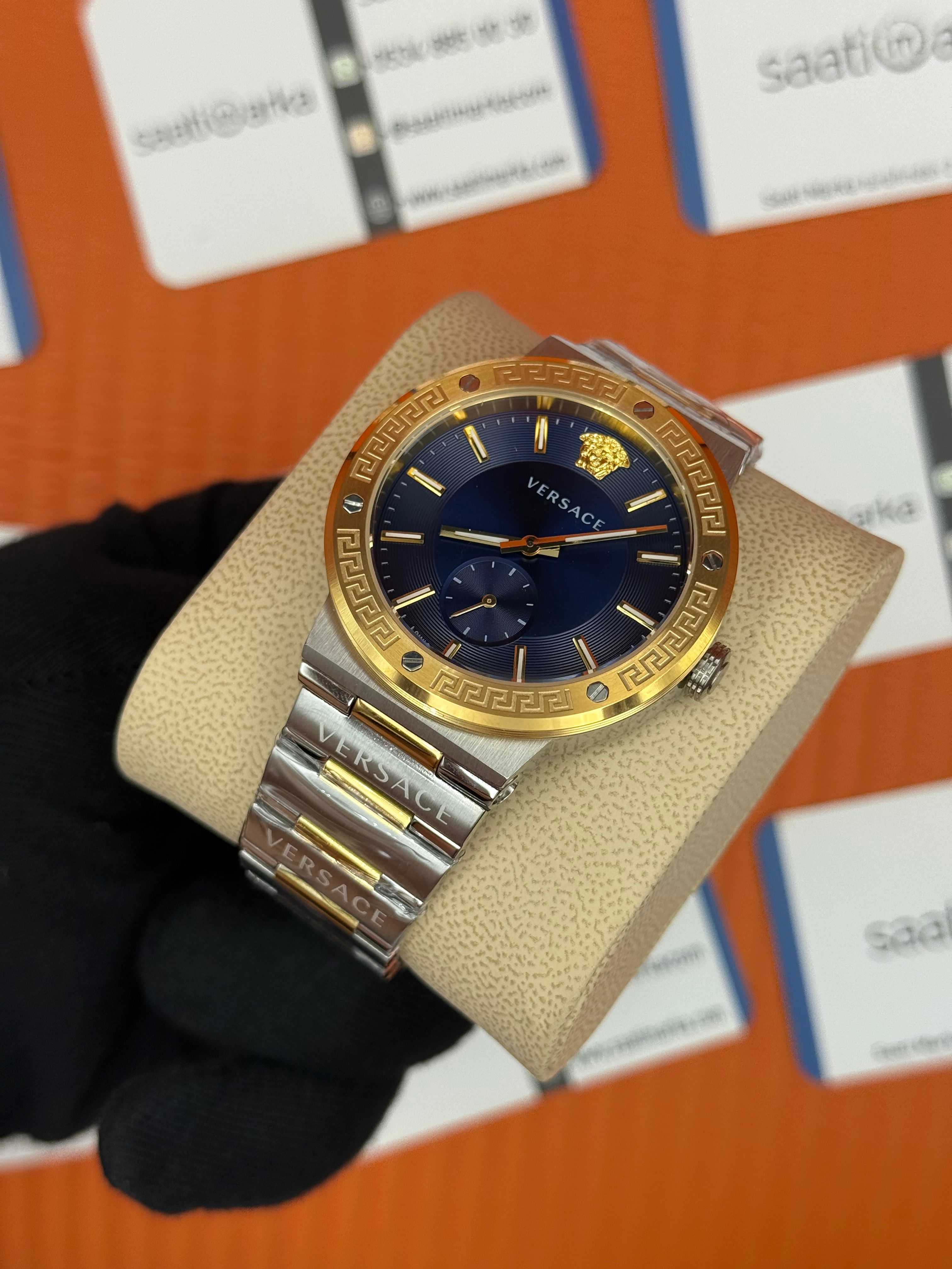 VERSACE mavi kadran gold silver kasa kordon erkek kol saati