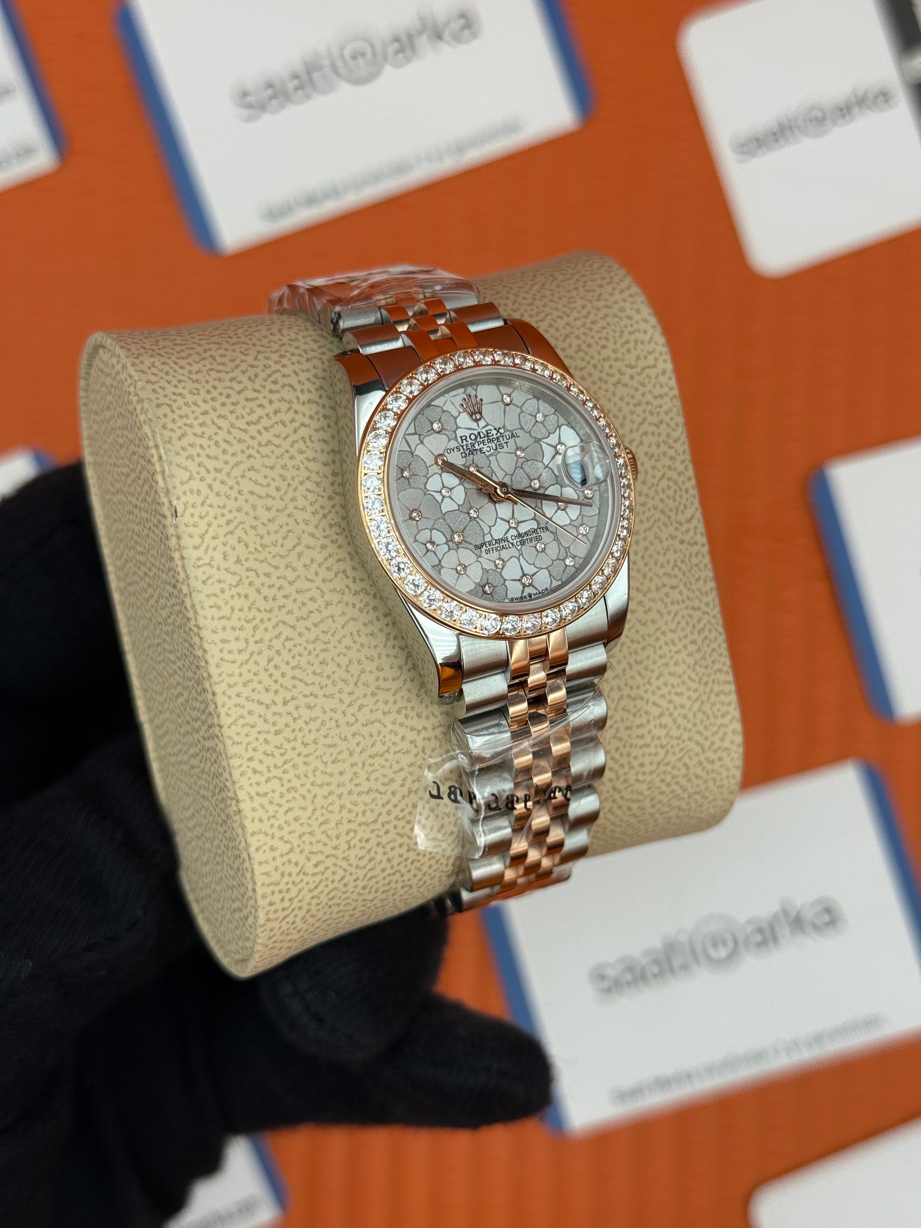 ROLEX datejust 31mm çiçekli kadran rose silver jubilee kordon taşlı bezel 