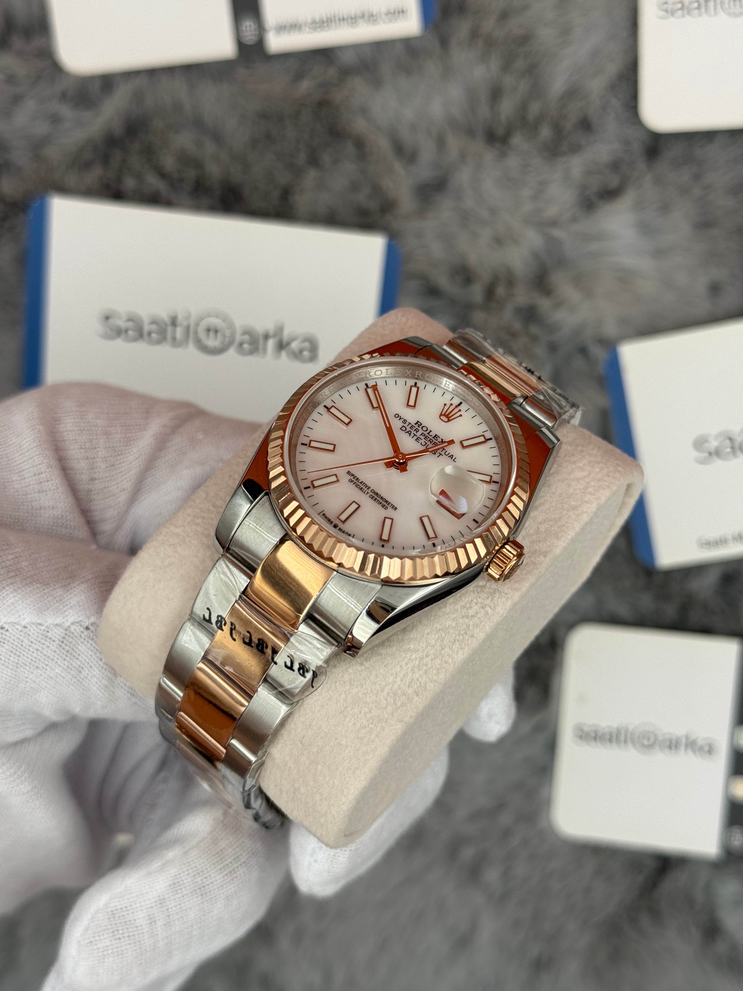 ROLEX Datejust 36mm beyaz kadran silver kasa rose silver oyster kordon 