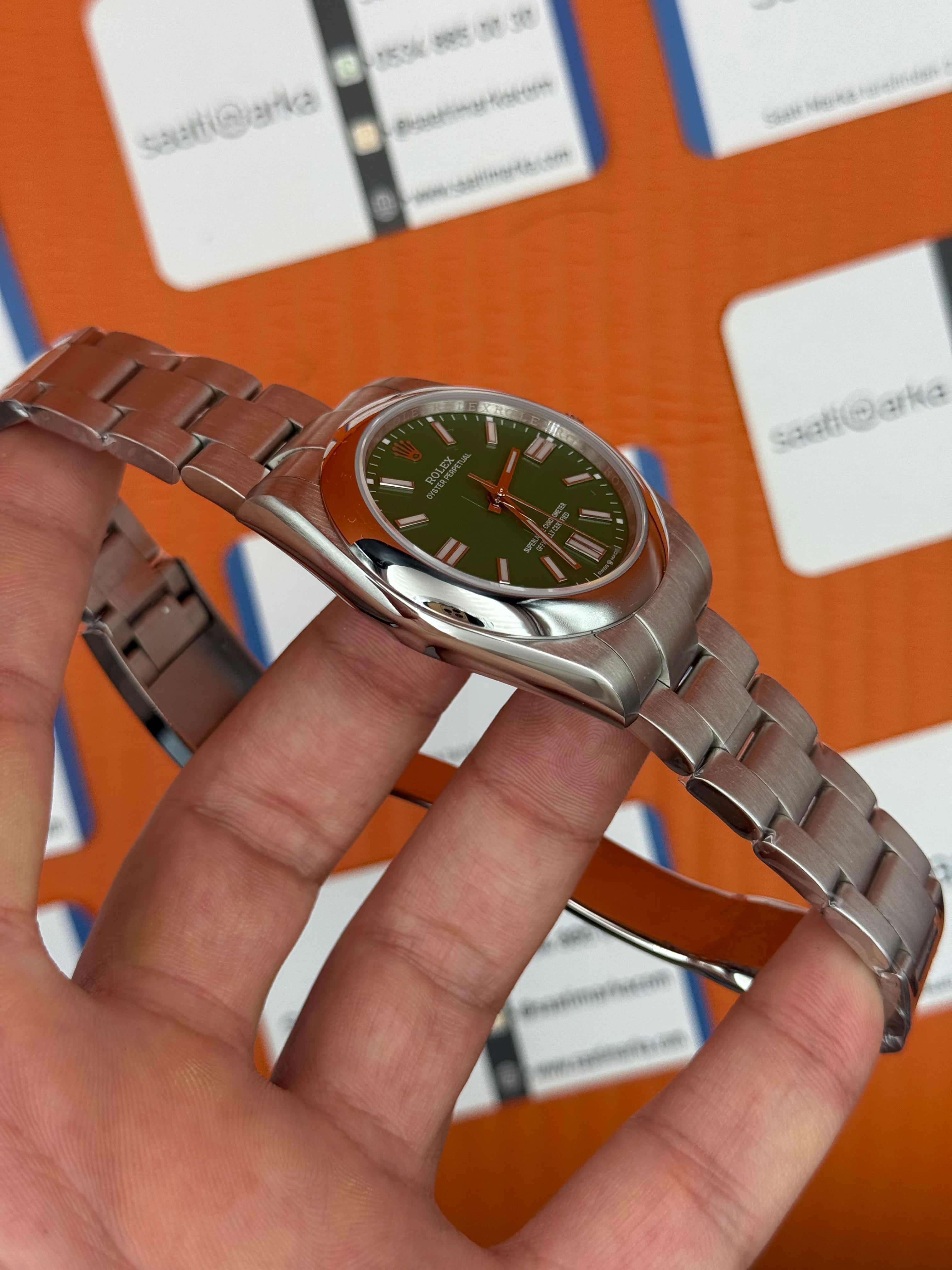 ROLEX oyster perpetual yeşil kadran silver kasa kordon erkek kol sati