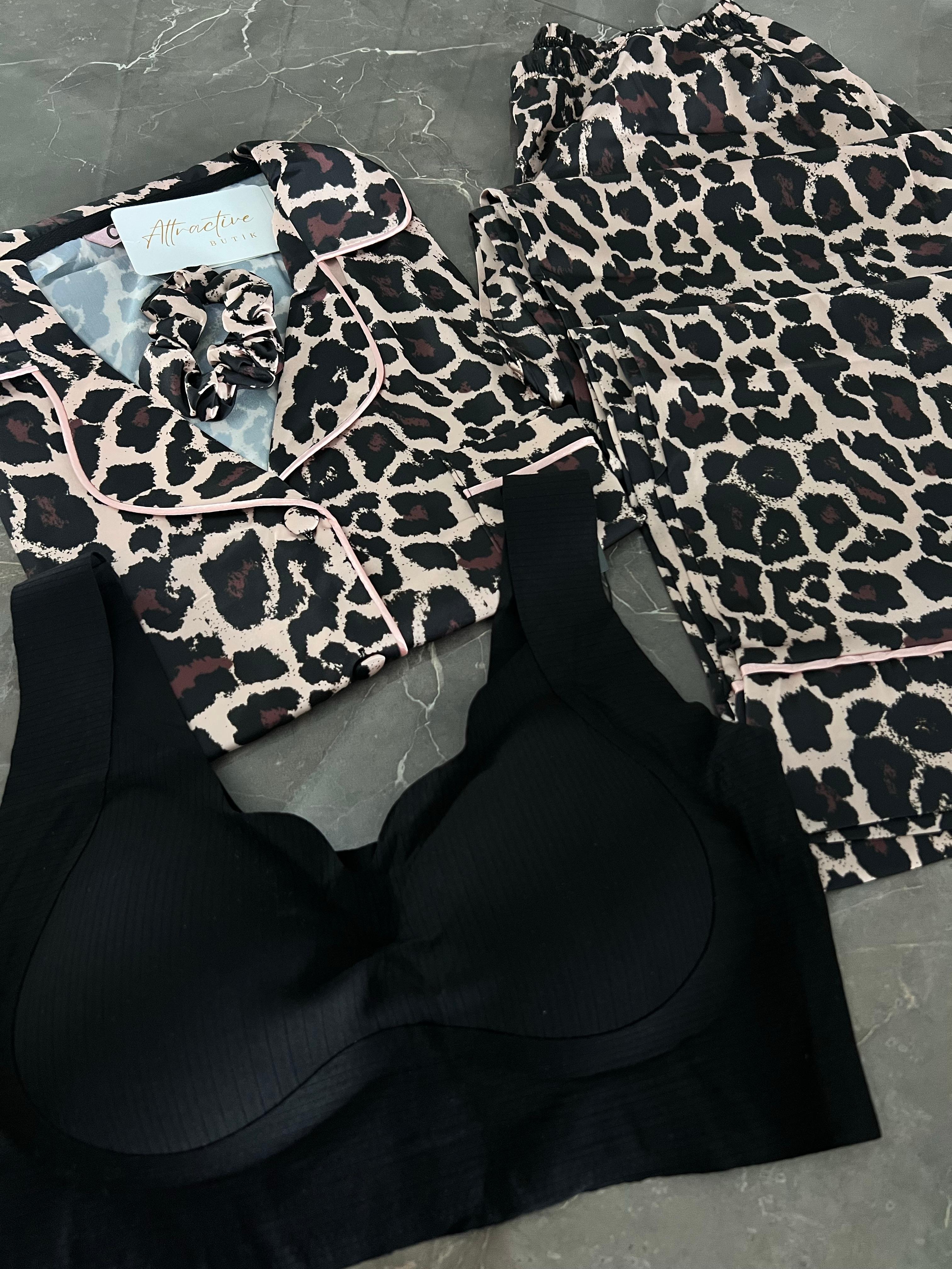 Lüks Mini Leopar Set Pijama Takımı + Hayalet Sütyen
