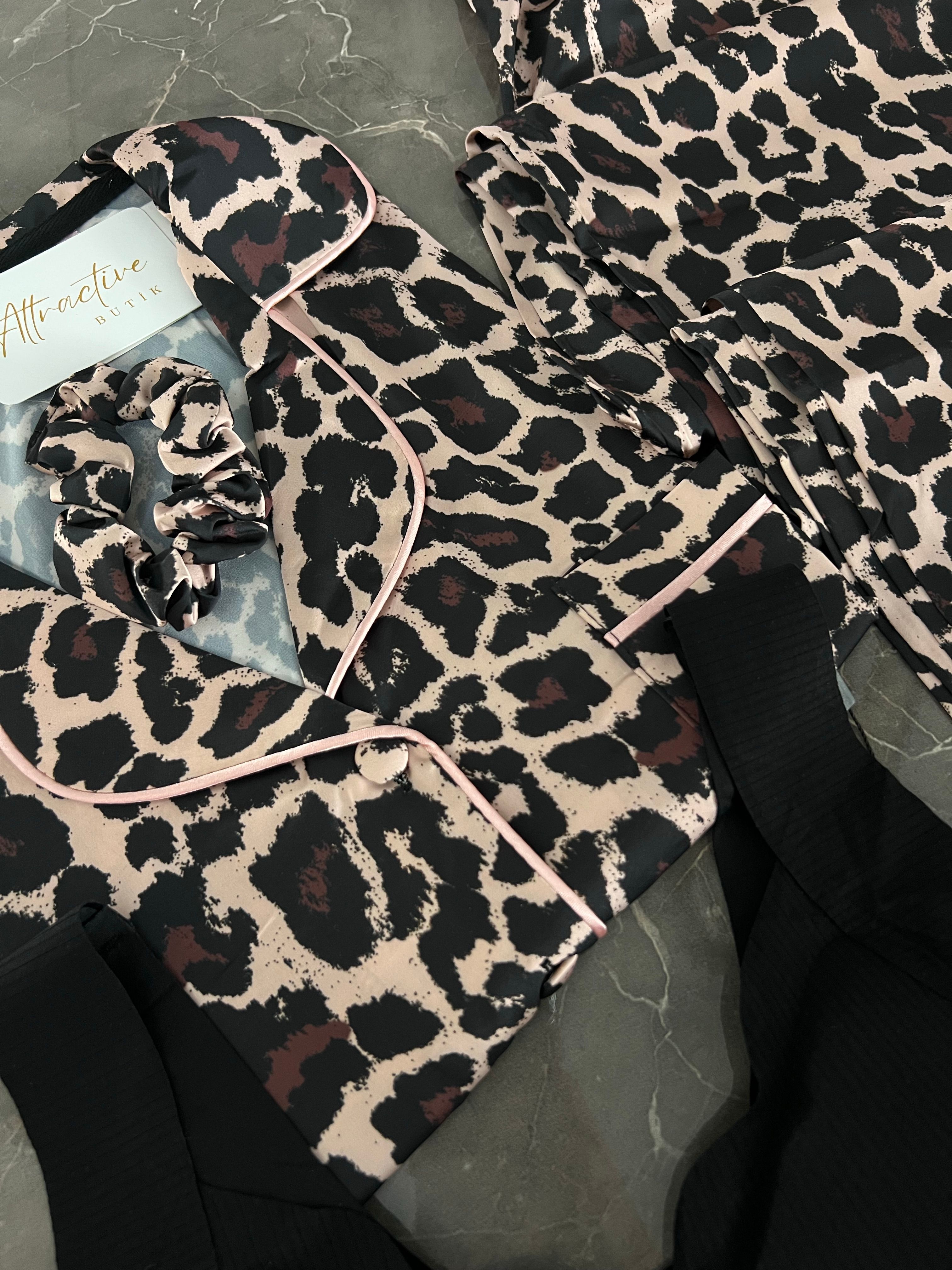 Lüks Mini Leopar Set Pijama Takımı + Hayalet Sütyen