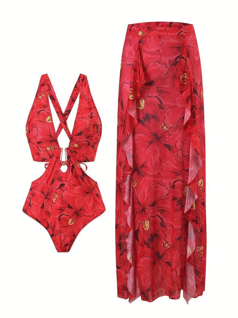 Red Flower Flame Baby Mayo -Pareo Seti