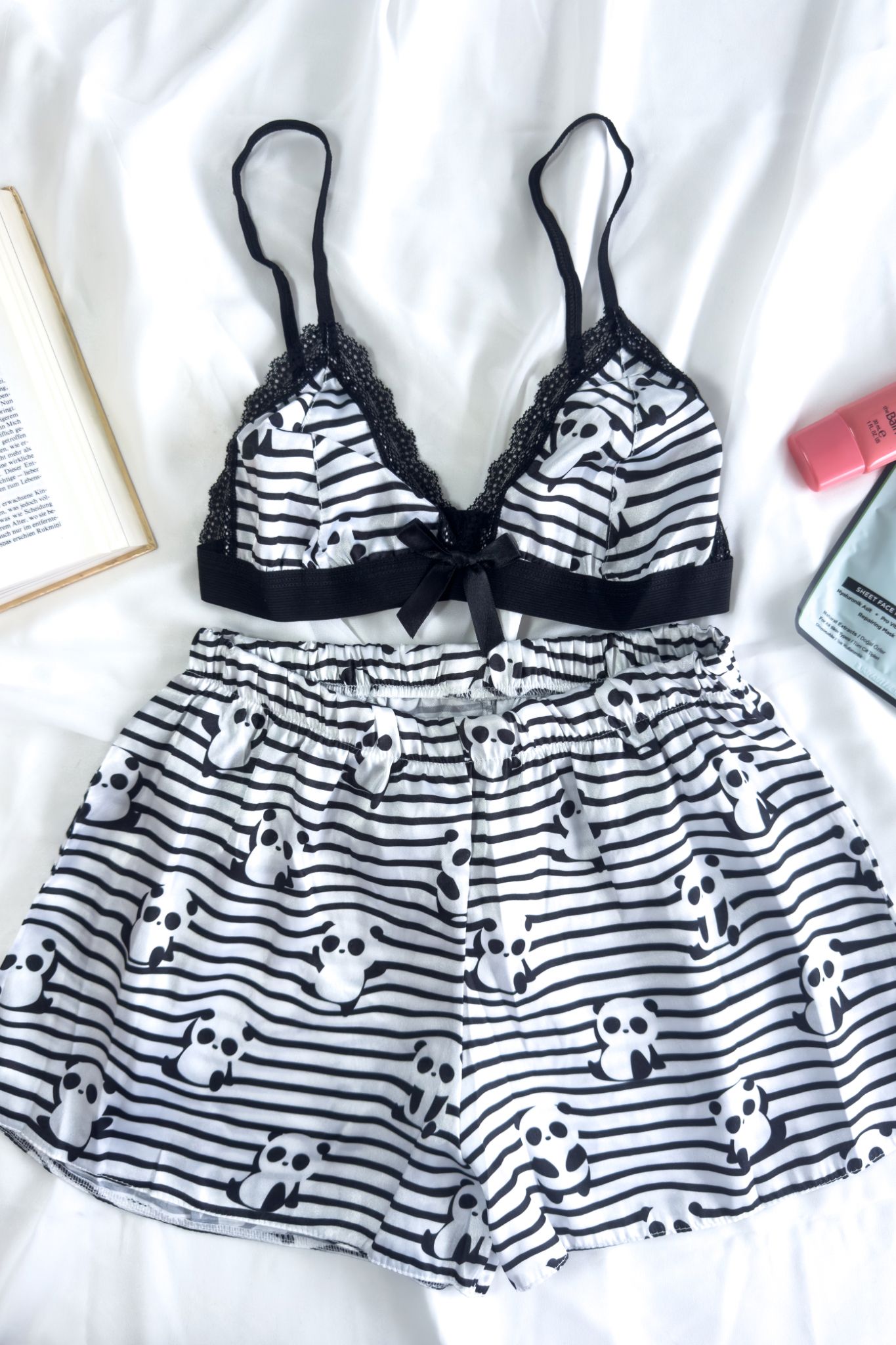 Saten Çizgili Panda Desenli Pijama Takımı