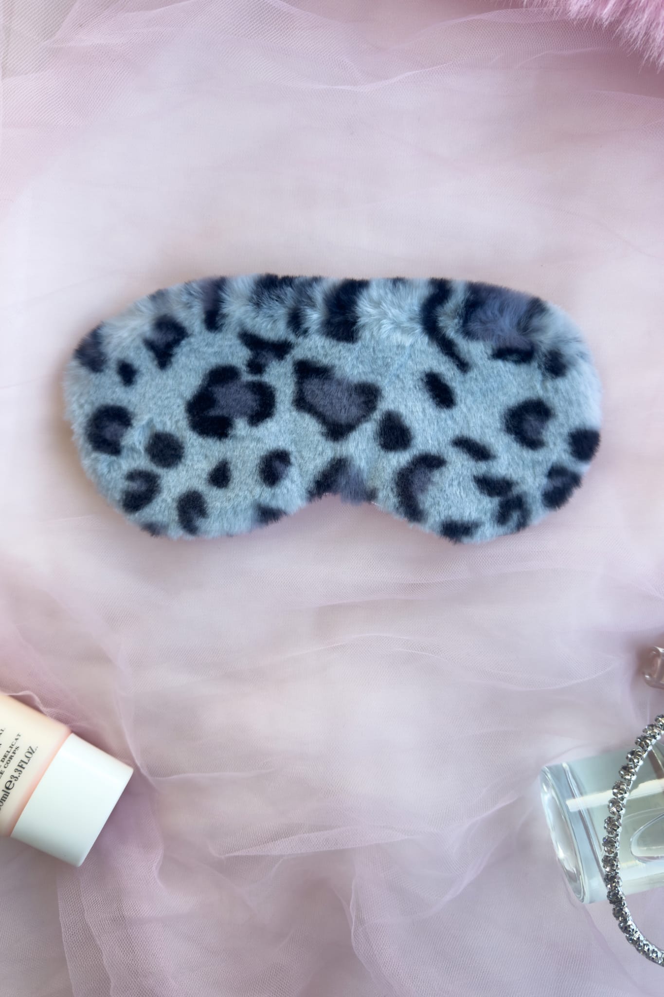 Tüylü Gri - Siyah Leopar Desenli Uyku Göz Bandı