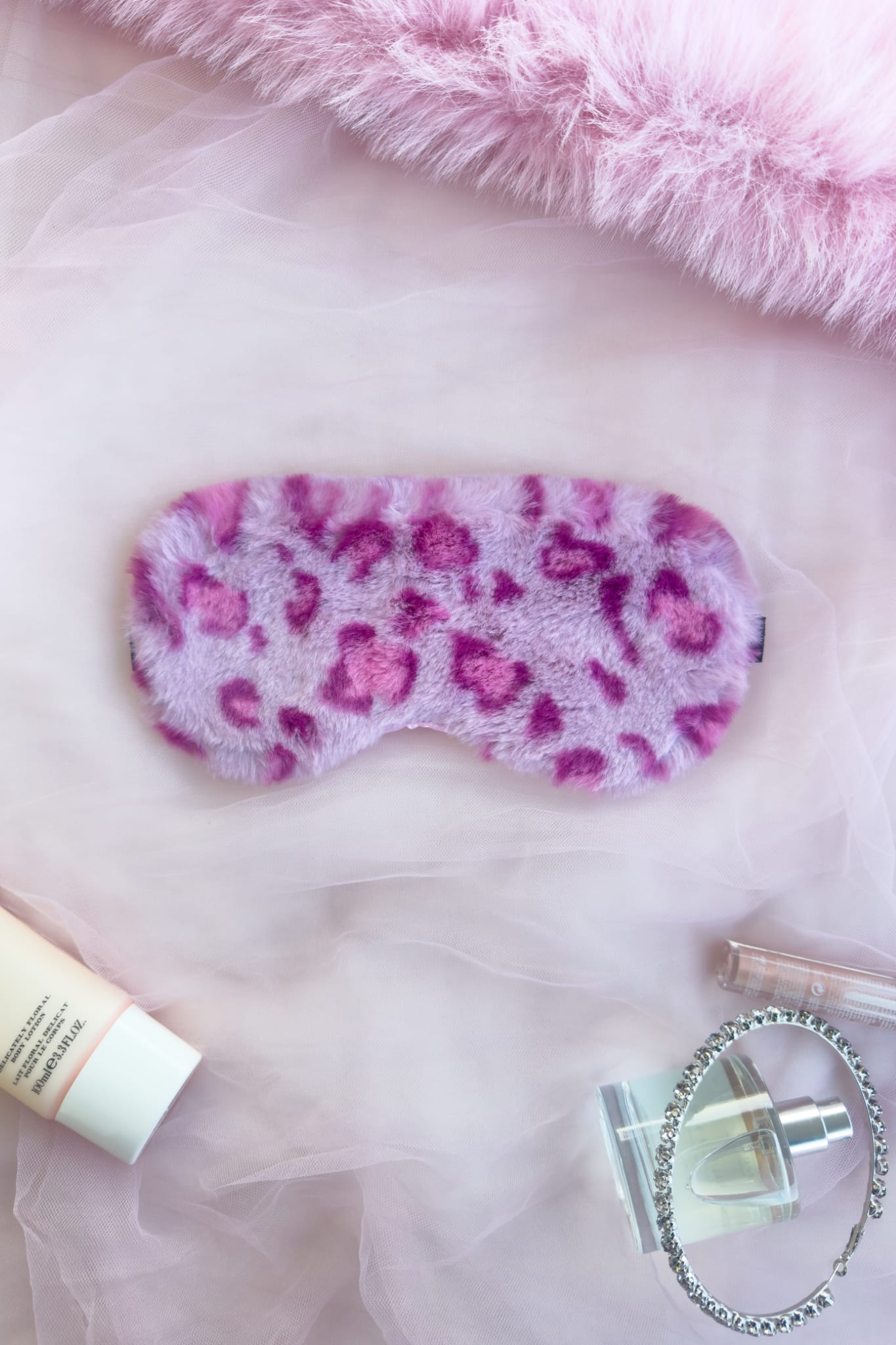 Tüylü Pembe - Mor Leopar Desenli Uyku Göz Bandı