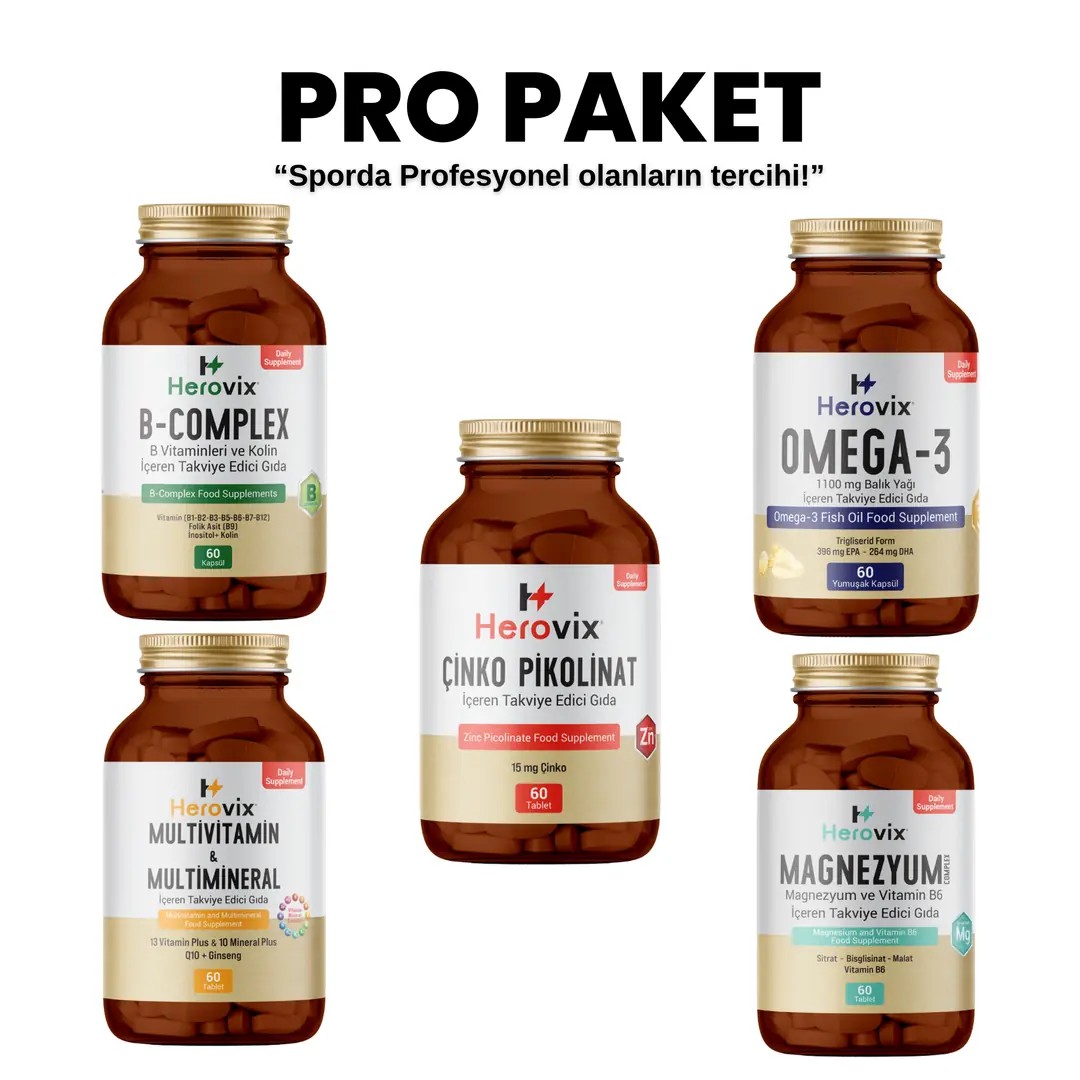 Herovix Sporculara Özel Pro Paket 5'li (Omega 3, Magnezyum, Multivitamin, Çinko Pikolinat, B Complex