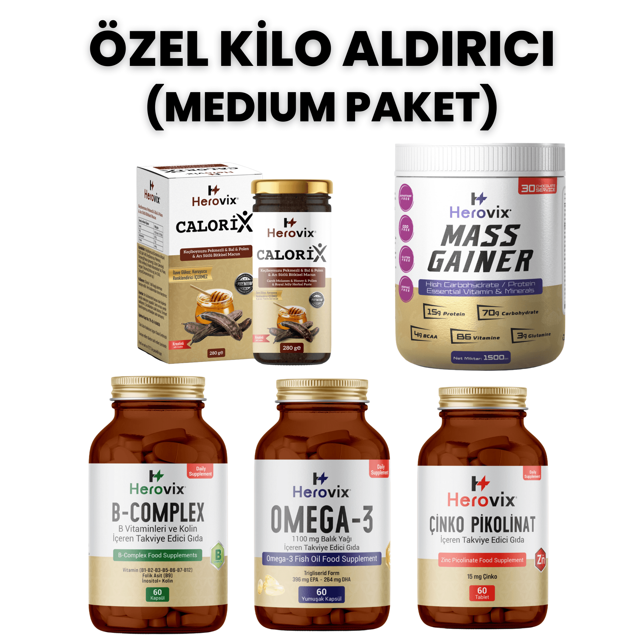 Özel Kilo Aldırıcı Set - Medium Paket ( Omega 3, B Complex, Çinko, Calorix, Gainer 1500gr)