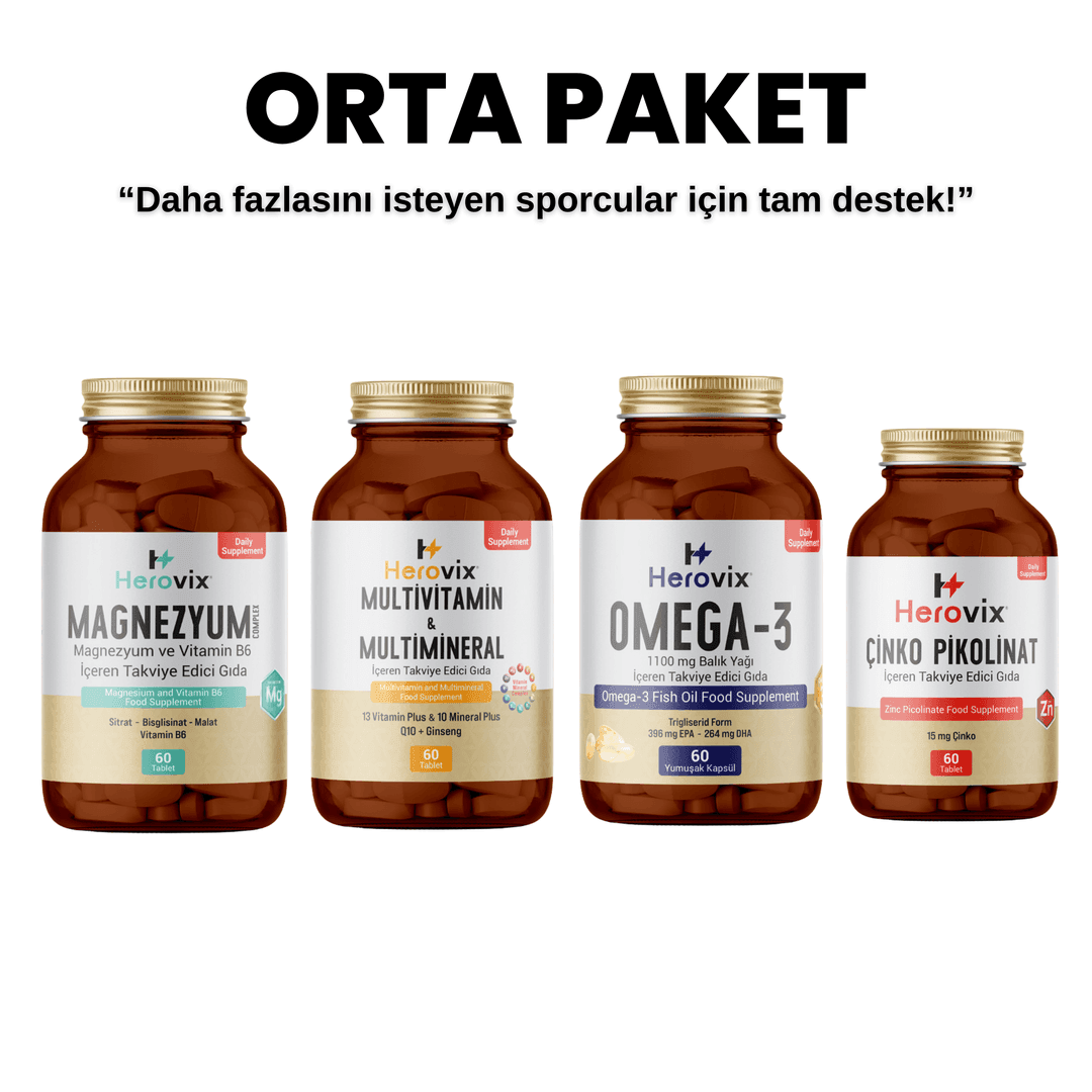 Herovix Sporculara Özel Orta Paket 4'lü (Omega 3, Magnezyum, Multivitamin, Çinko Pikolinat)