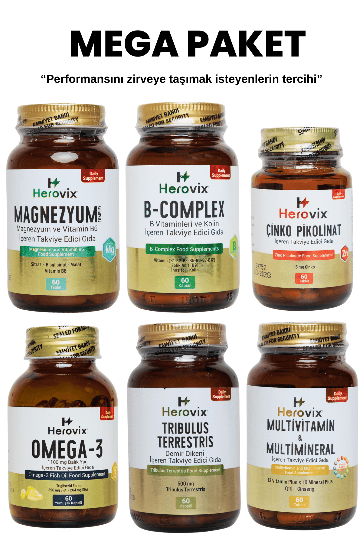 Herovix Sporculara Özel Mega Paket 6'lı (Omega 3, Magnezyum, Multivitamin, Çinko Pikolinat, B Complex, Tribulus Terrestris)