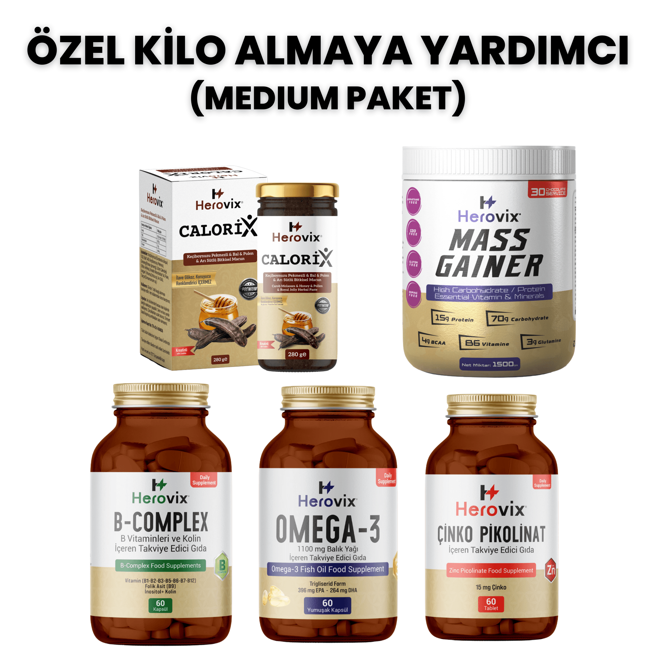 Özel Kalori Desteği - Medium Paket ( Omega 3, B Complex, Çinko, Calorix, Gainer 1500gr)
