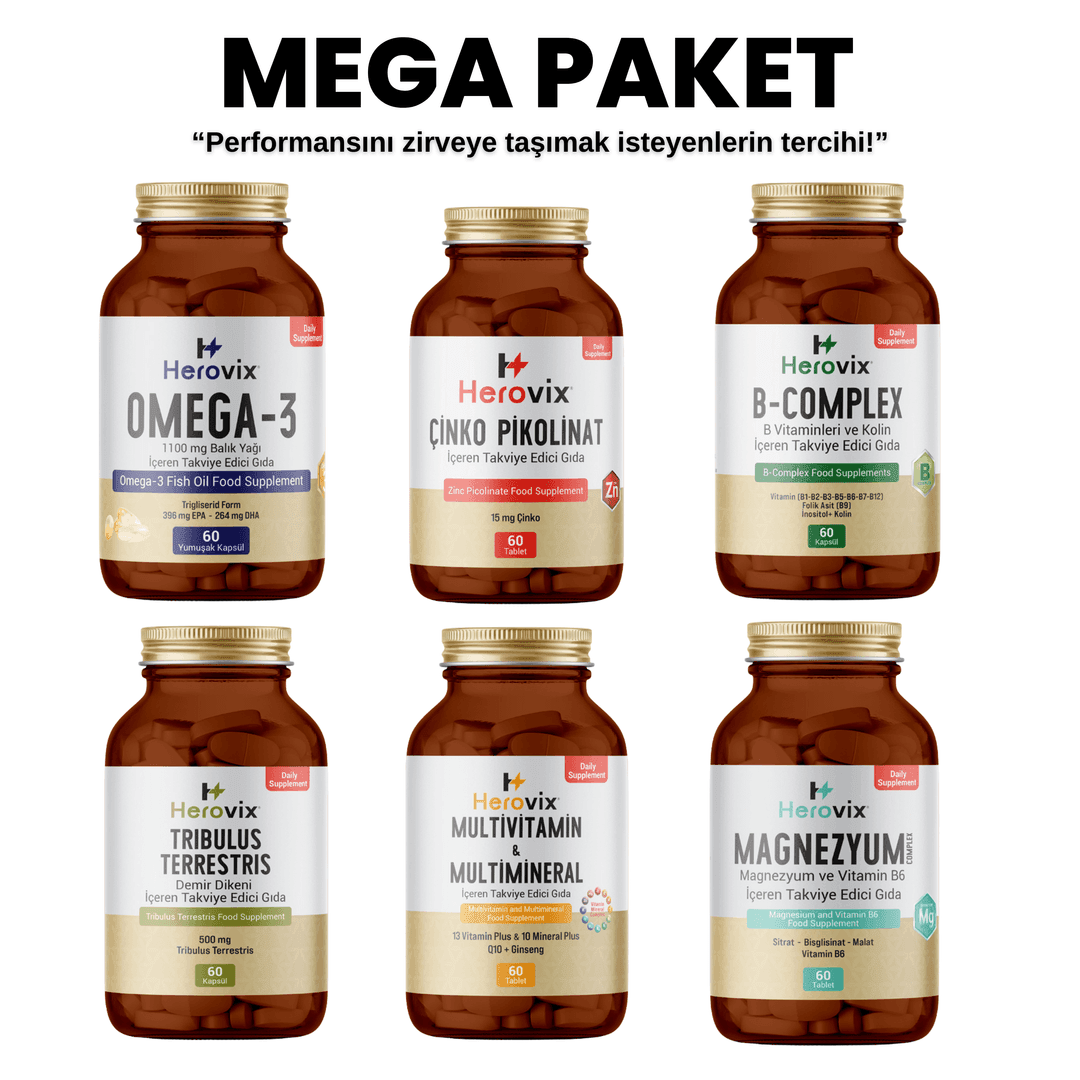 Herovix Sporculara Özel Mega Paket 6'lı (Omega 3, Magnezyum, Multivitamin, Çinko Pikolinat, B Complex, Tribulus Terrestris)