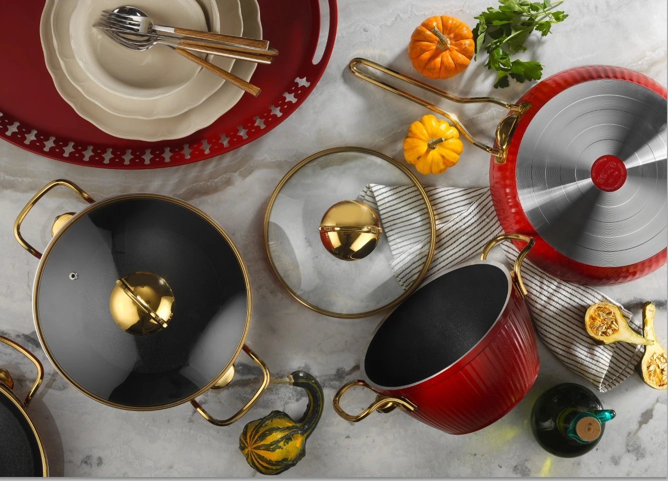 LİNES MAYA 7 PCS GRANİT TENCERE SETİ ALTIN KAPAK KIRMIZI