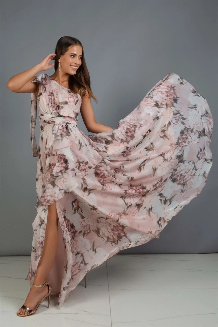 ELBİSE SIFON EMPIRME DESEN UZUN TEK OMUZ