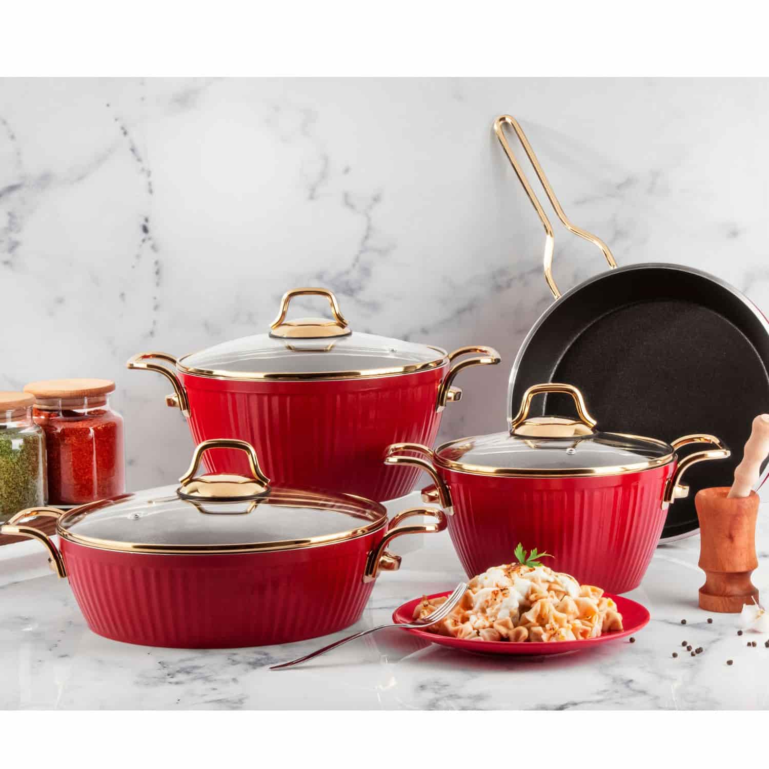 LİNES MAYA 7 PCS GRANİT TENCERE SETİ ALTIN KAPAK KIRMIZI
