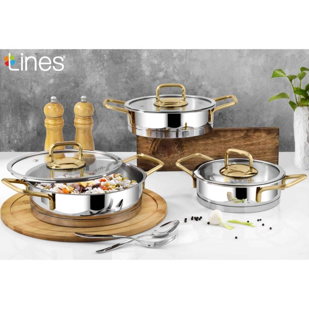 LİNES SİLVER 6 PCS BASIK TENCERE SETİ DİK MODEL ALTIN KULP