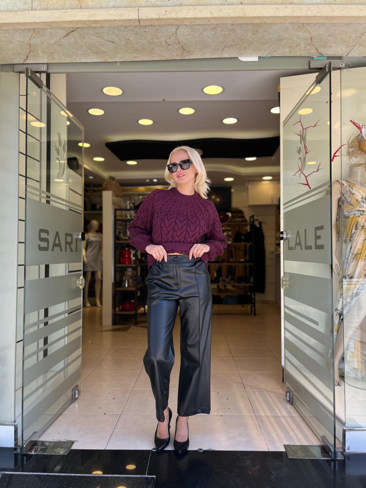 BELİ LASTİK DETAYLI DERİ PANTOLON