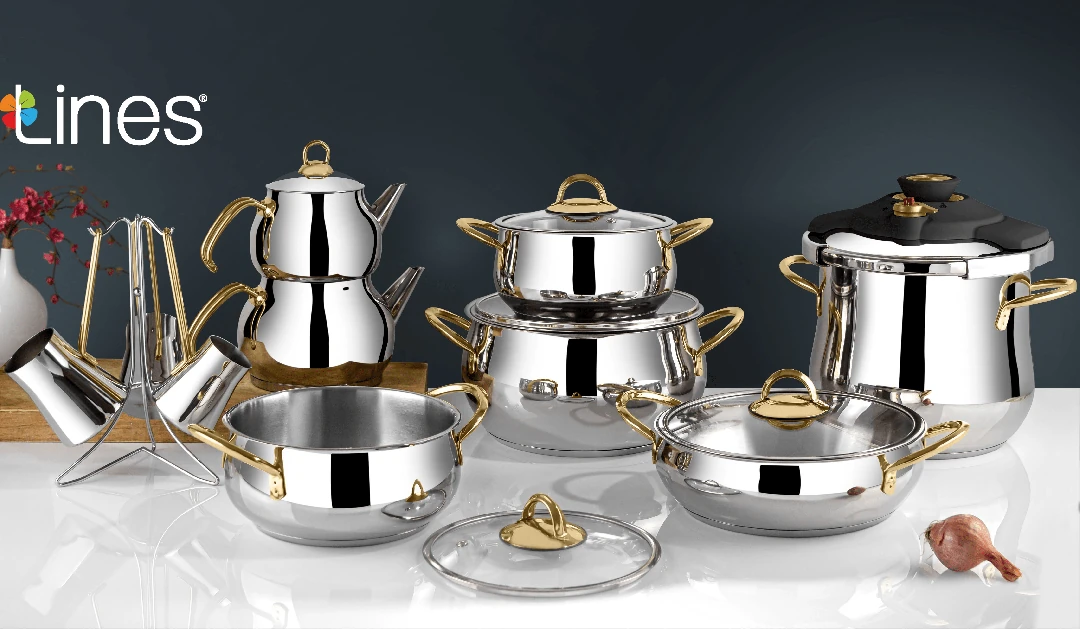 LİNES ZEYCAN KÜRE ÇELİK ÇEYİZ SETİ ALTIN KULP 18 PCS