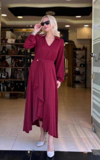 V YAKA KUŞAKLI ASİMETRİK ELBİSE