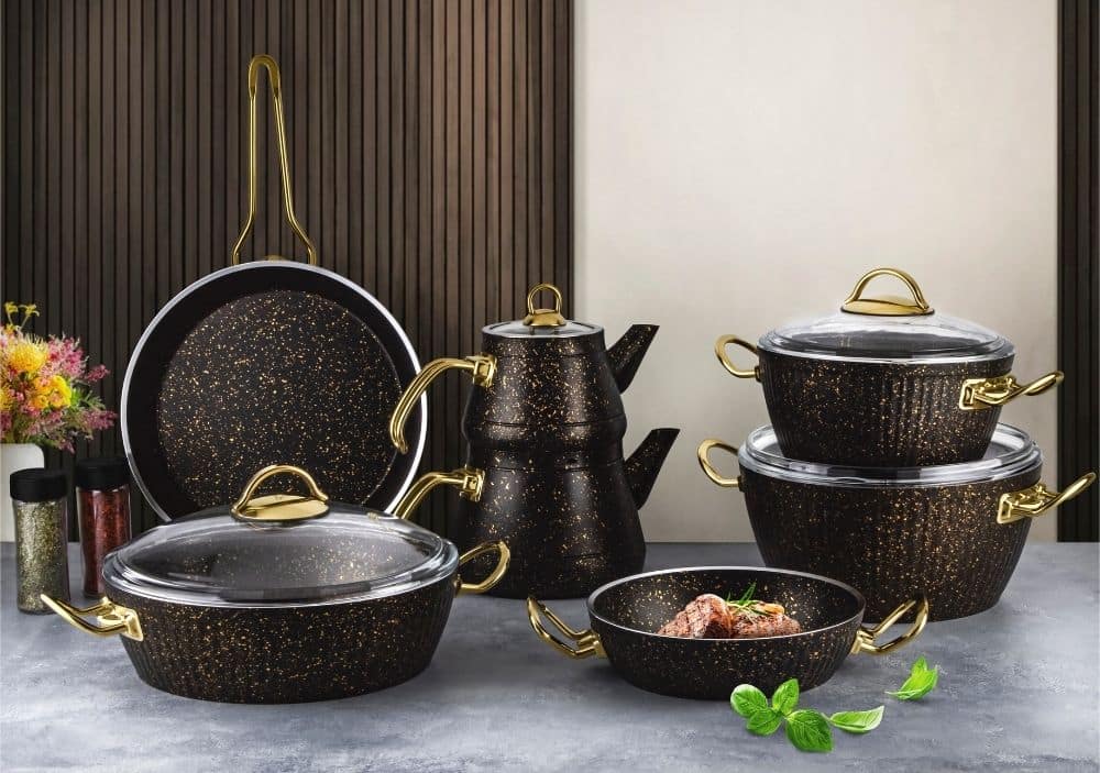 LİNES OSCAR 11 PARÇA GRANİT SET ALTIN KULP SİYAH