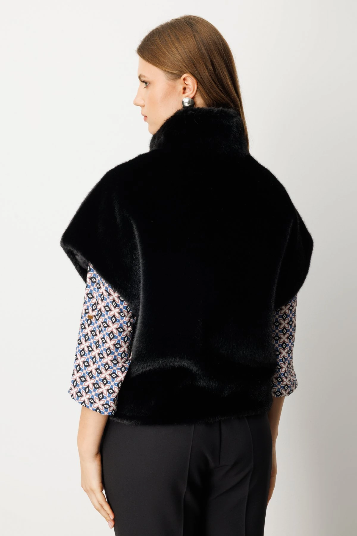 Ekol Dik Yaka Peluş Yelek Siyah