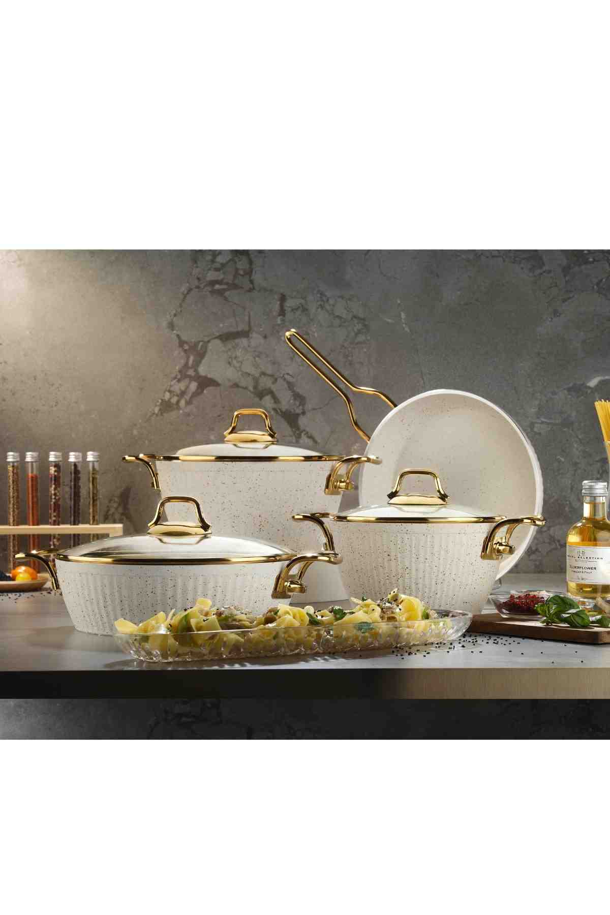 LİNES MAYA 7 PCS GRANİT TENCERE SETİ ALTIN KAPAK BEYAZ