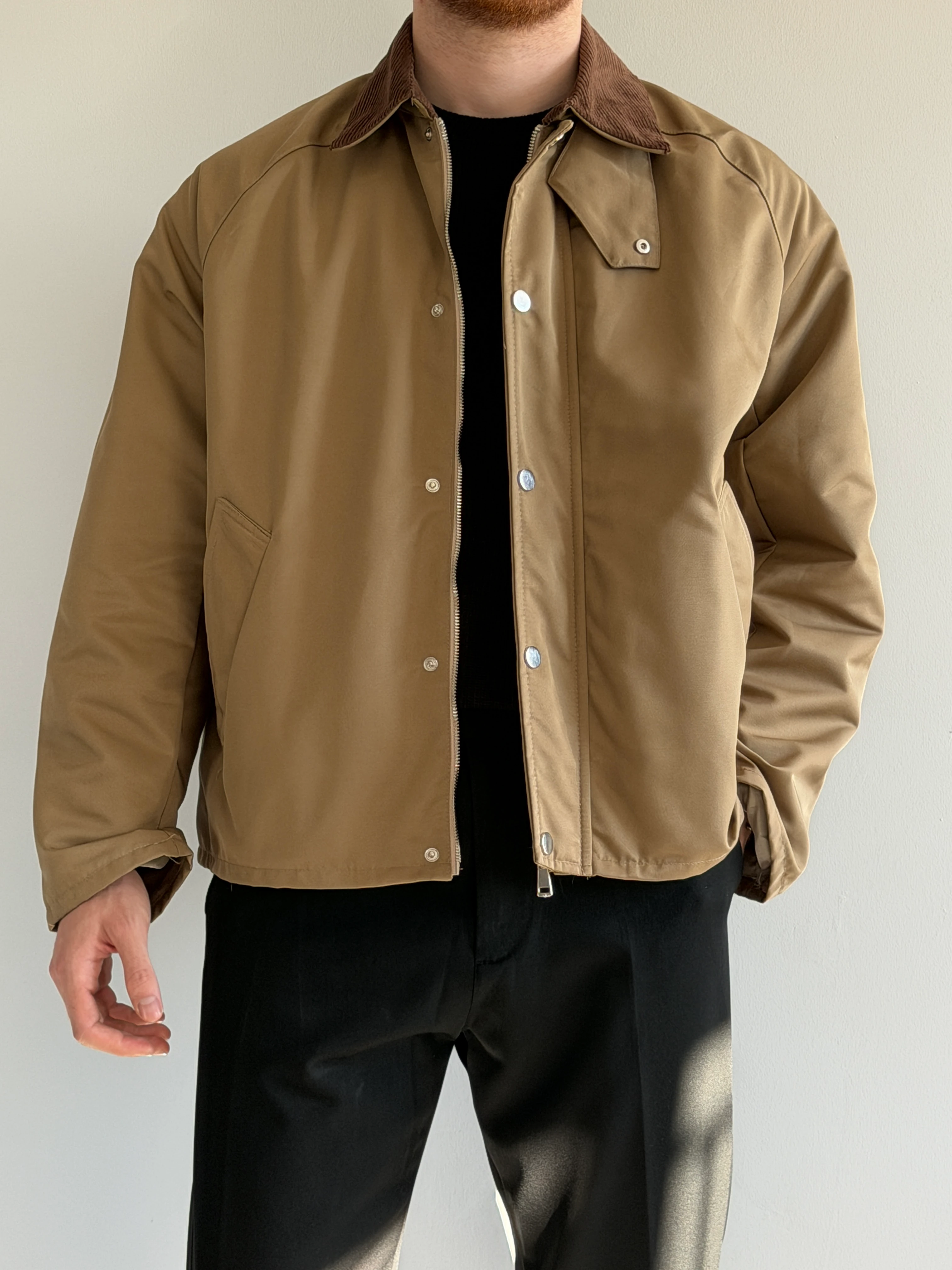 Prime Old Money Su Geçirmez Mebran Kumaş Yaka Detaylı Oversize Mont - P177 - Haki