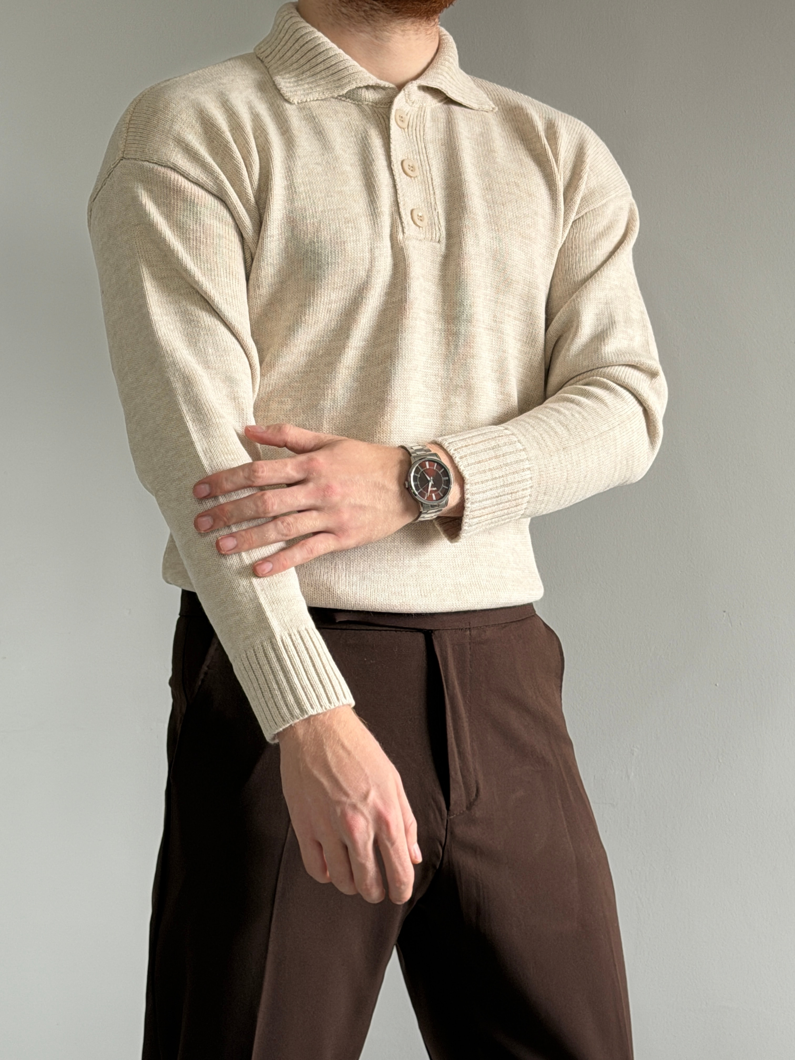 Prime Old Money Exclusive Polo Yaka Basic Triko Kazak - P157 - Taş