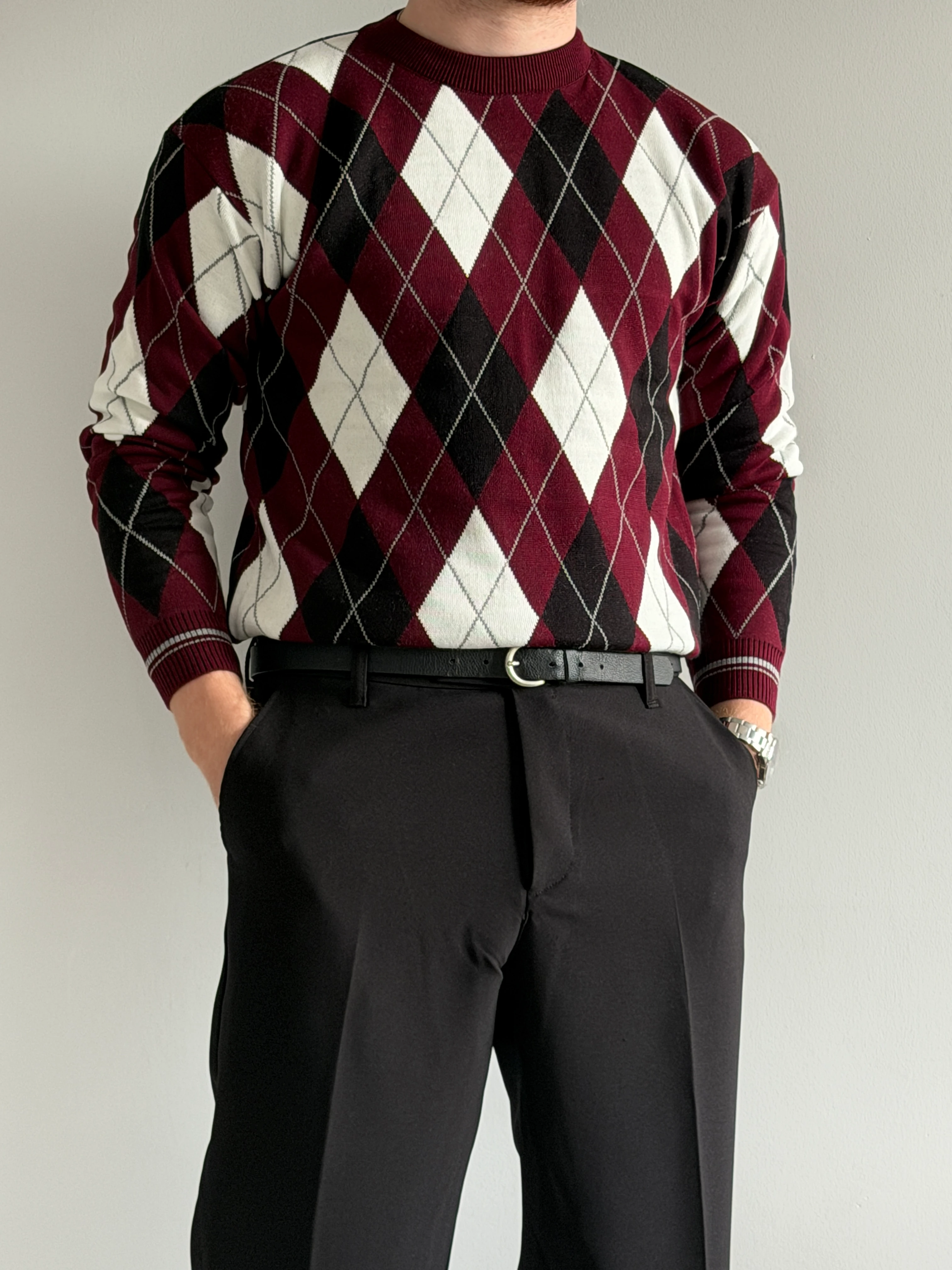 Prime Old Money Exclusive Baklava Desenli Triko Kazak - P191 - Bordo