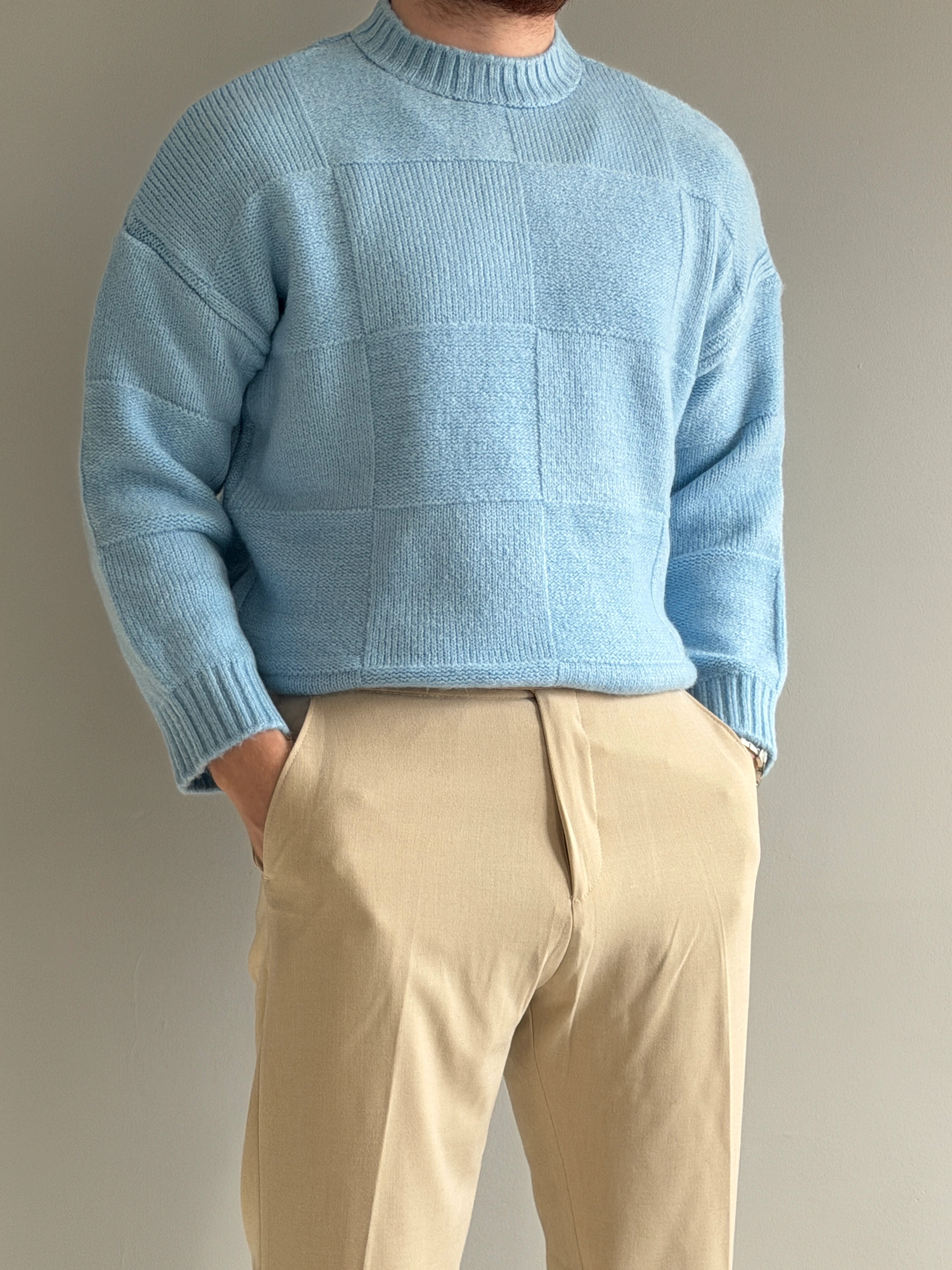 Prime Old Money Exclusive Oversize Kalıp Kare Desenli Yumuşak Dokulu Triko Kazak - P196 - Bebe Mavisi