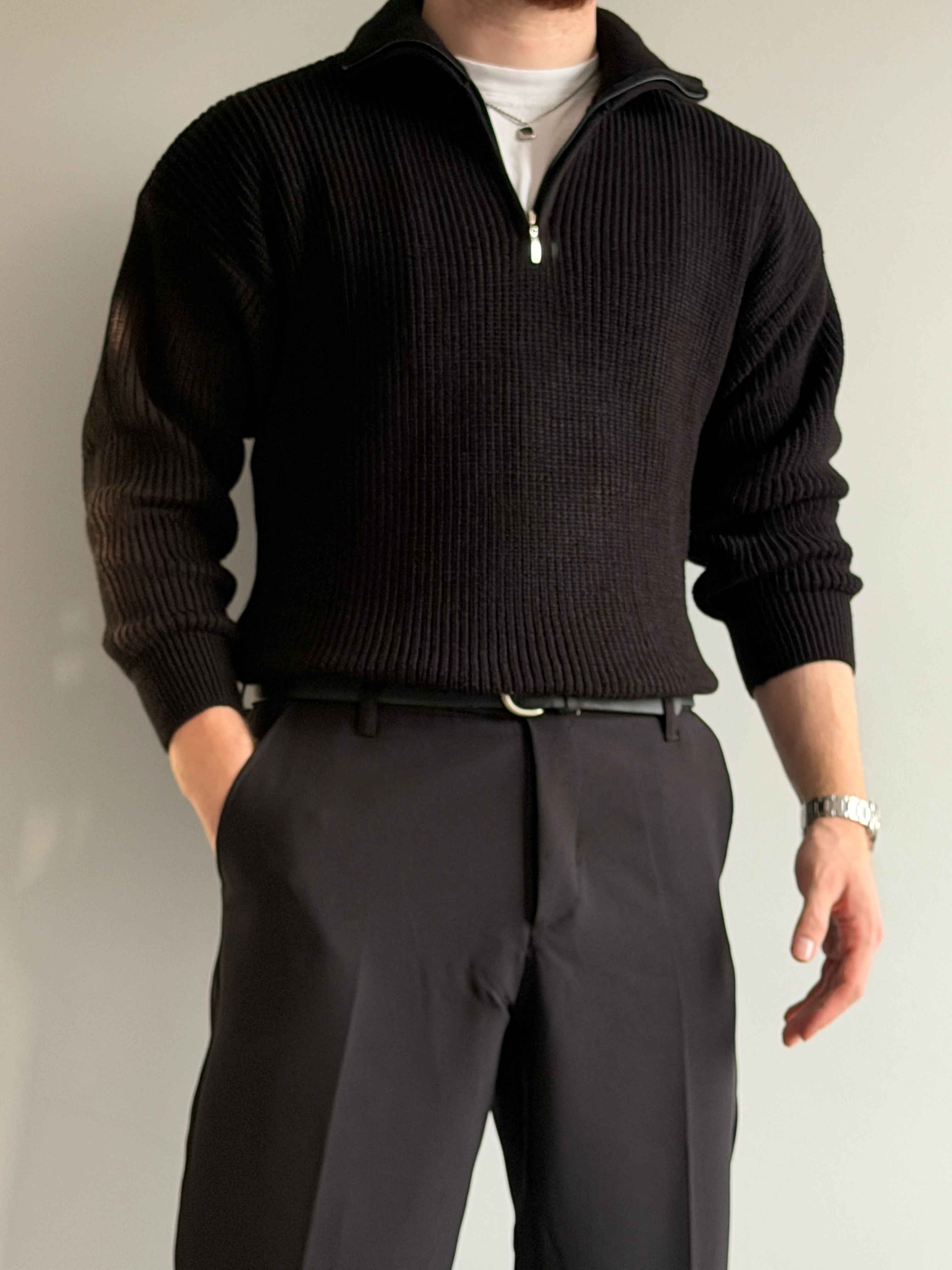 Prime Old Money Exclusive ZIP Yaka Selanik Örgü Triko Kazak - P192 - Siyah