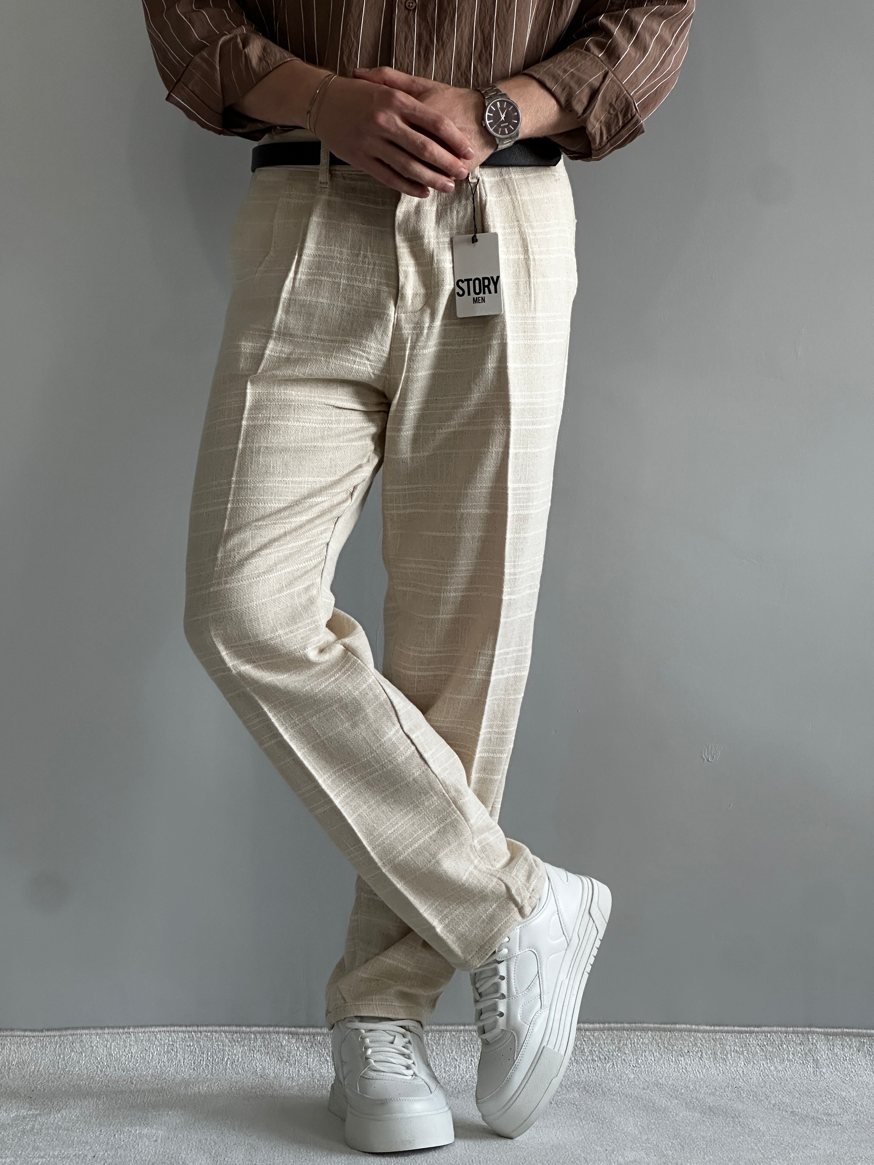 Prime Old Money Ham Keten Premium Baggy Kalıp Pantolon - Krem