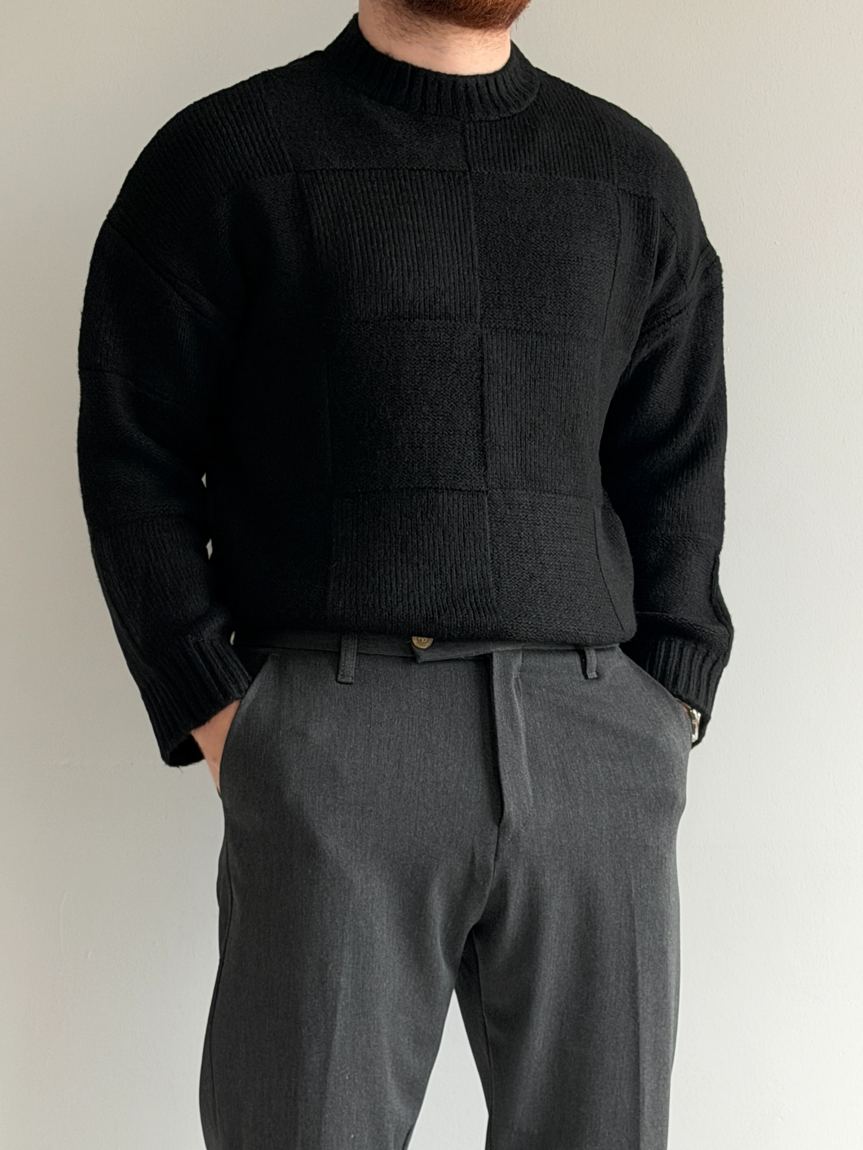 Prime Old Money Exclusive Oversize Kalıp Kare Desenli Yumuşak Dokulu Triko Kazak - P196 - Siyah