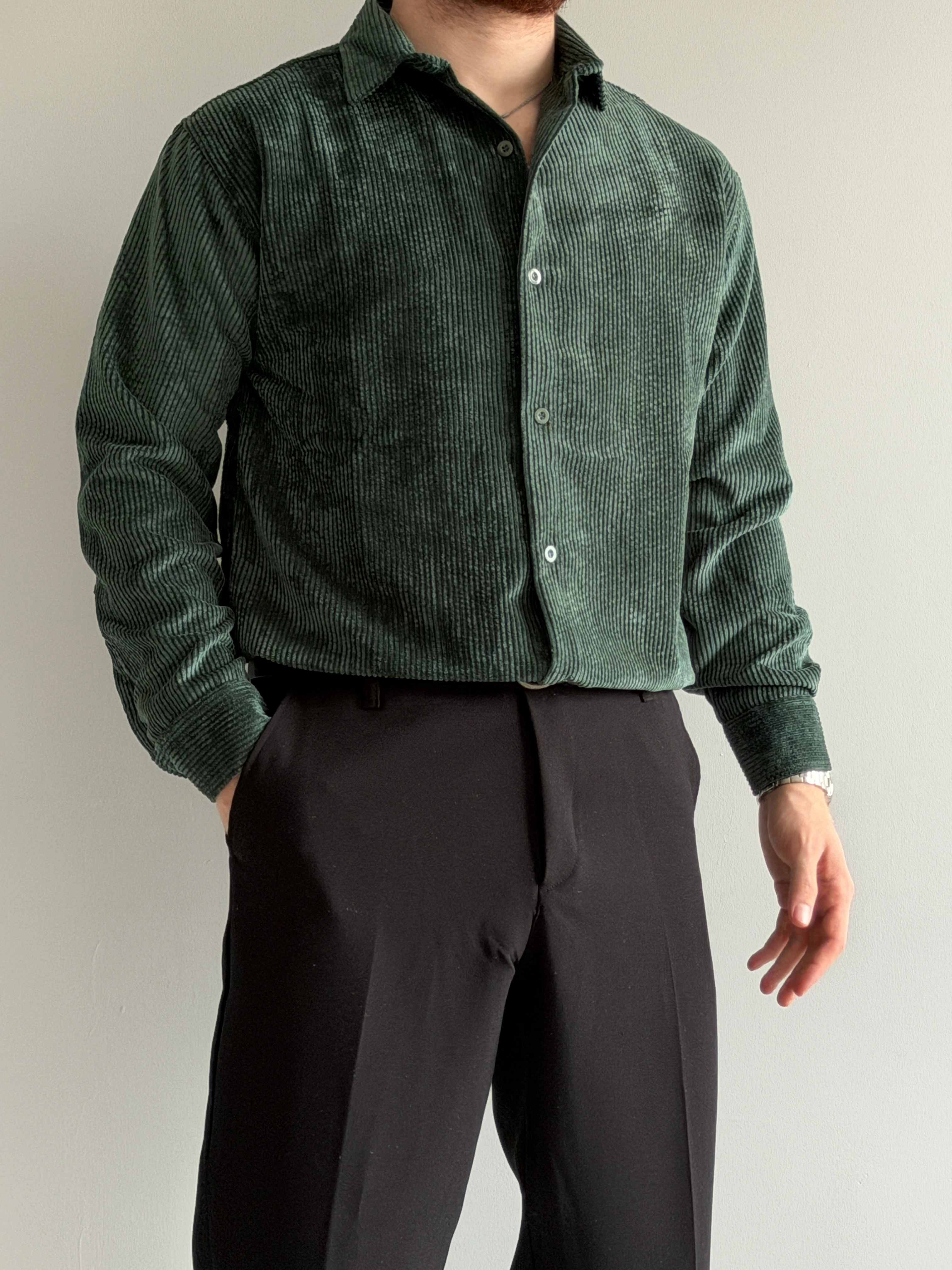 Prime Old Money Exclusive Kalın Fitilli Gömlek - P195 - Nefti Yeşil